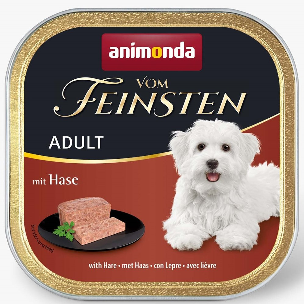 Karma dla psa Animonda Vom Feinsten z zającem, białym psem i kawałkami mięsa.