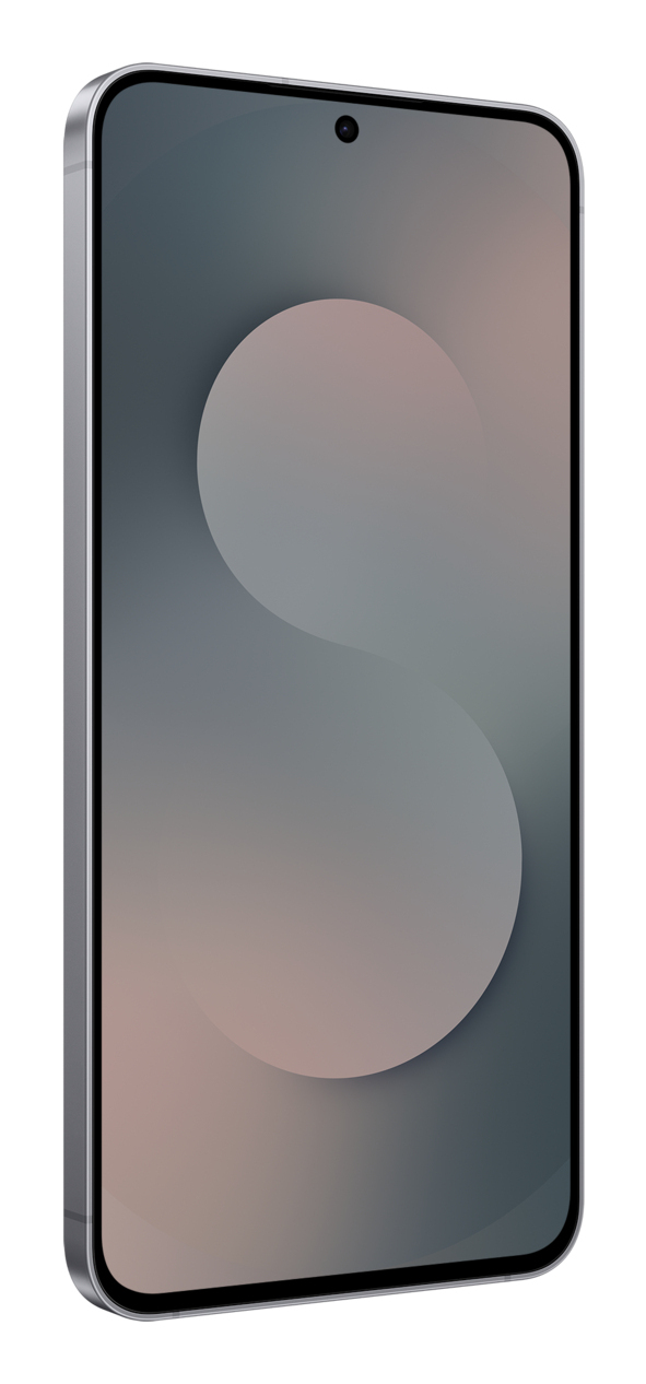 Uno smartphone con cornici sottili e sfondo grigio e rosa sullo schermo.