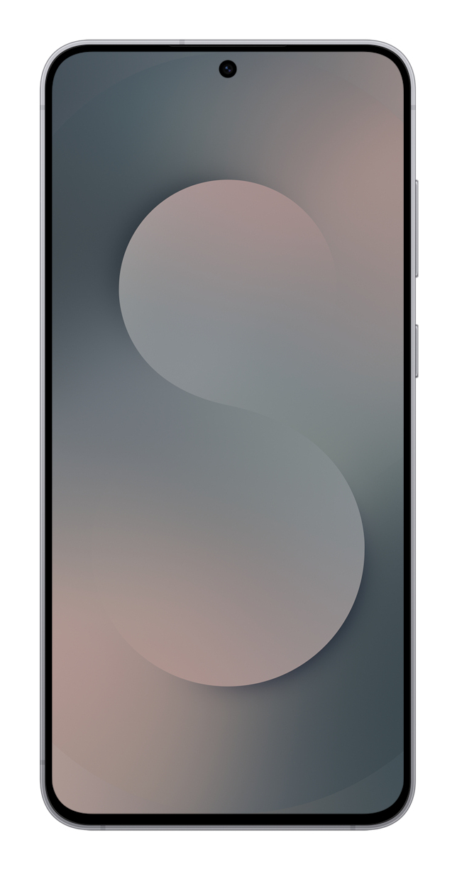 Uno smartphone argento con un motivo circolare grigio e rosa sullo schermo su sfondo bianco.