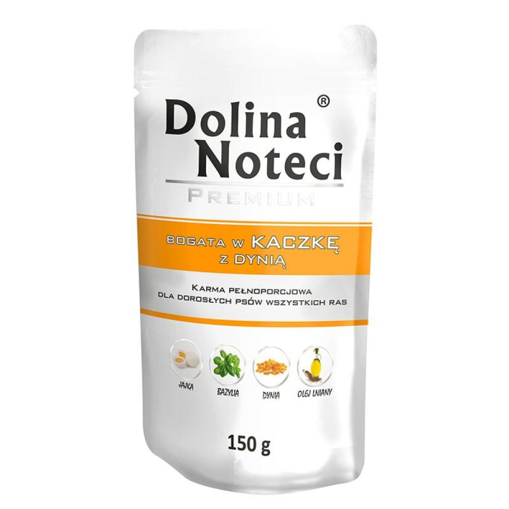Biała saszetka Dolina Noteci Premium karma dla psa z kaczką i dynią, 150g.