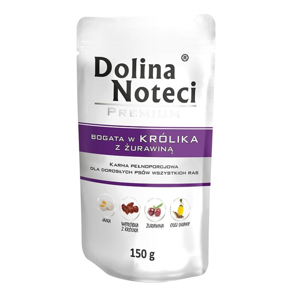 Biała saszetka karma dla psa Dolina Noteci Premium z królikiem i żurawiną, 150g.
