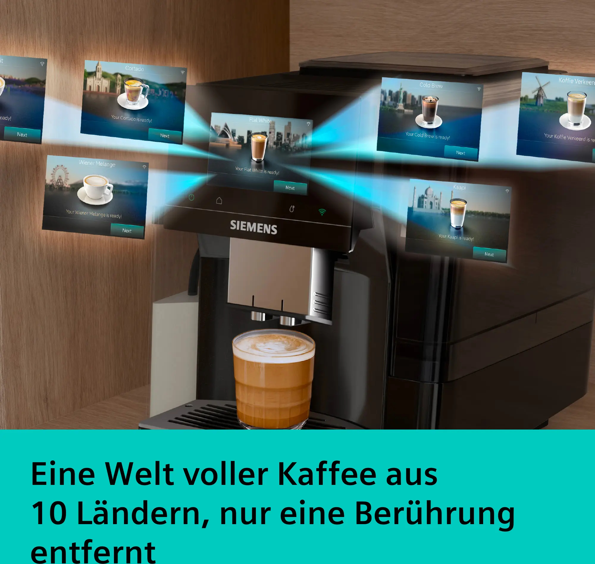 Una macchina da caffè Siemens mostra finestre di menu fluttuanti con varie specialità.