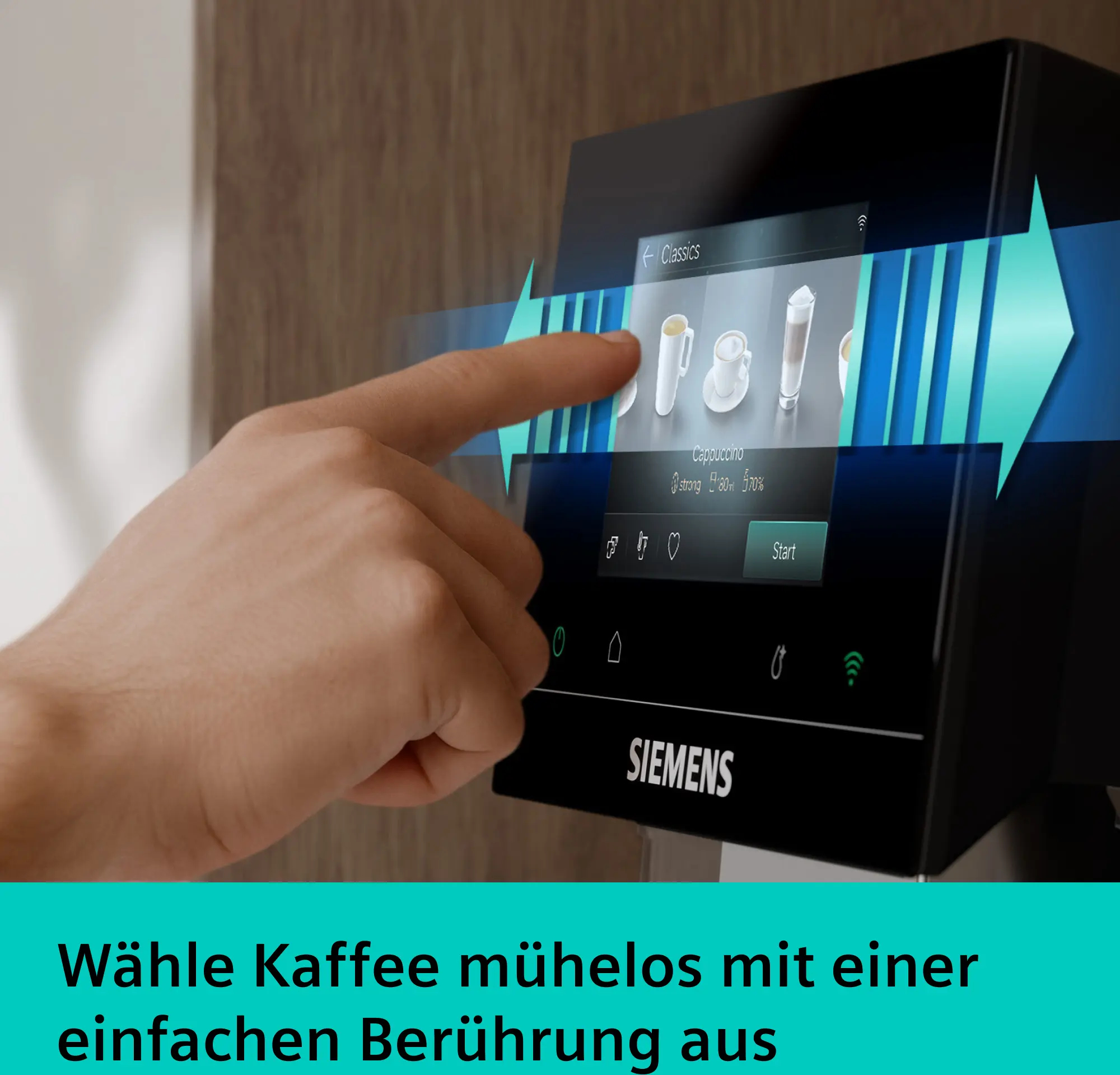 Mano che tocca il display touch della macchina da caffè Siemens.