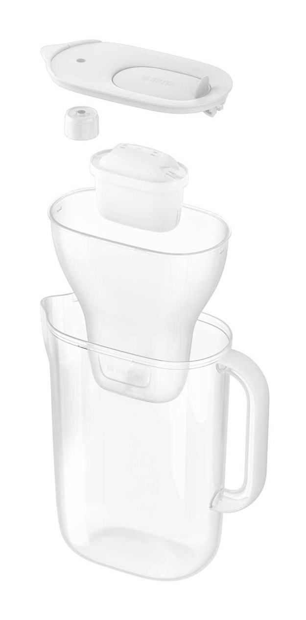Vista esplosa di un filtro per acqua bianco con caraffa, imbuto, cartuccia filtrante e coperchio su sfondo bianco.
