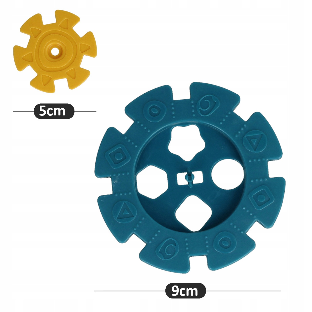 Dwa żółte i niebieskie plastikowe koła zębate z wzorami geometrycznymi i wymiarami 5 cm i 9 cm.