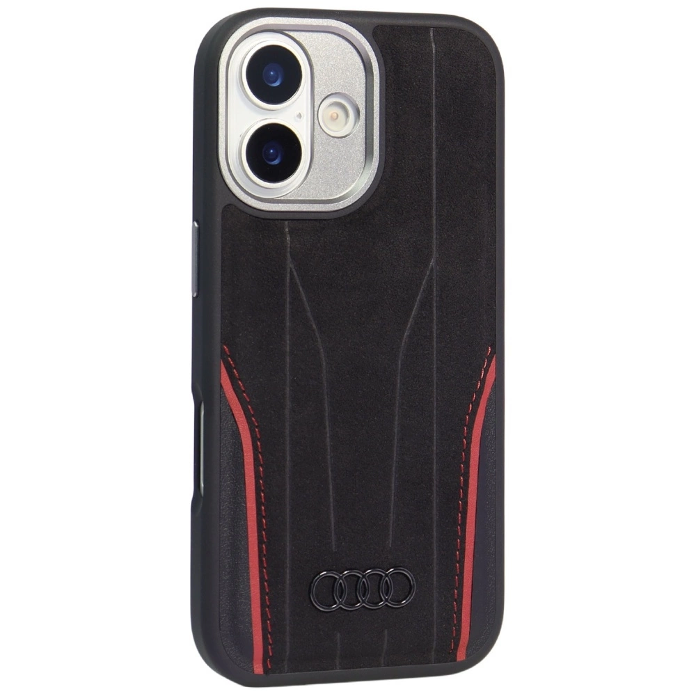 Custodia per telefono nera con logo Audi, cuciture rosse e cornice della fotocamera argentata.