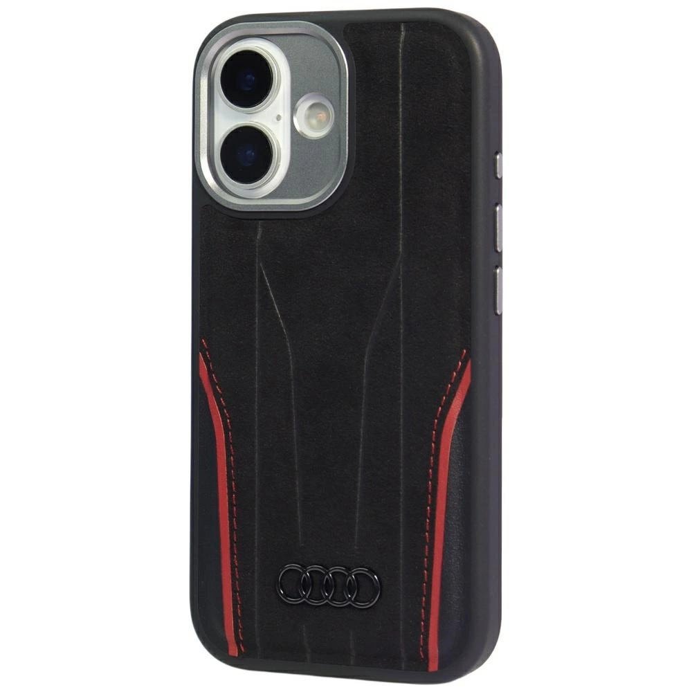 Custodita per smartphone nera con cuciture rosse, doppia fotocamera e logo Audi a quattro anelli in basso.
