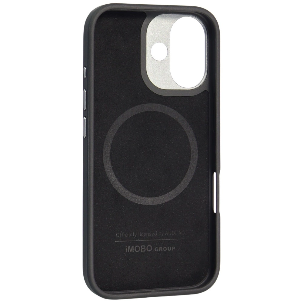 Custodia per cellulare nera con anello MagSafe e scritta Audi AG all'interno.