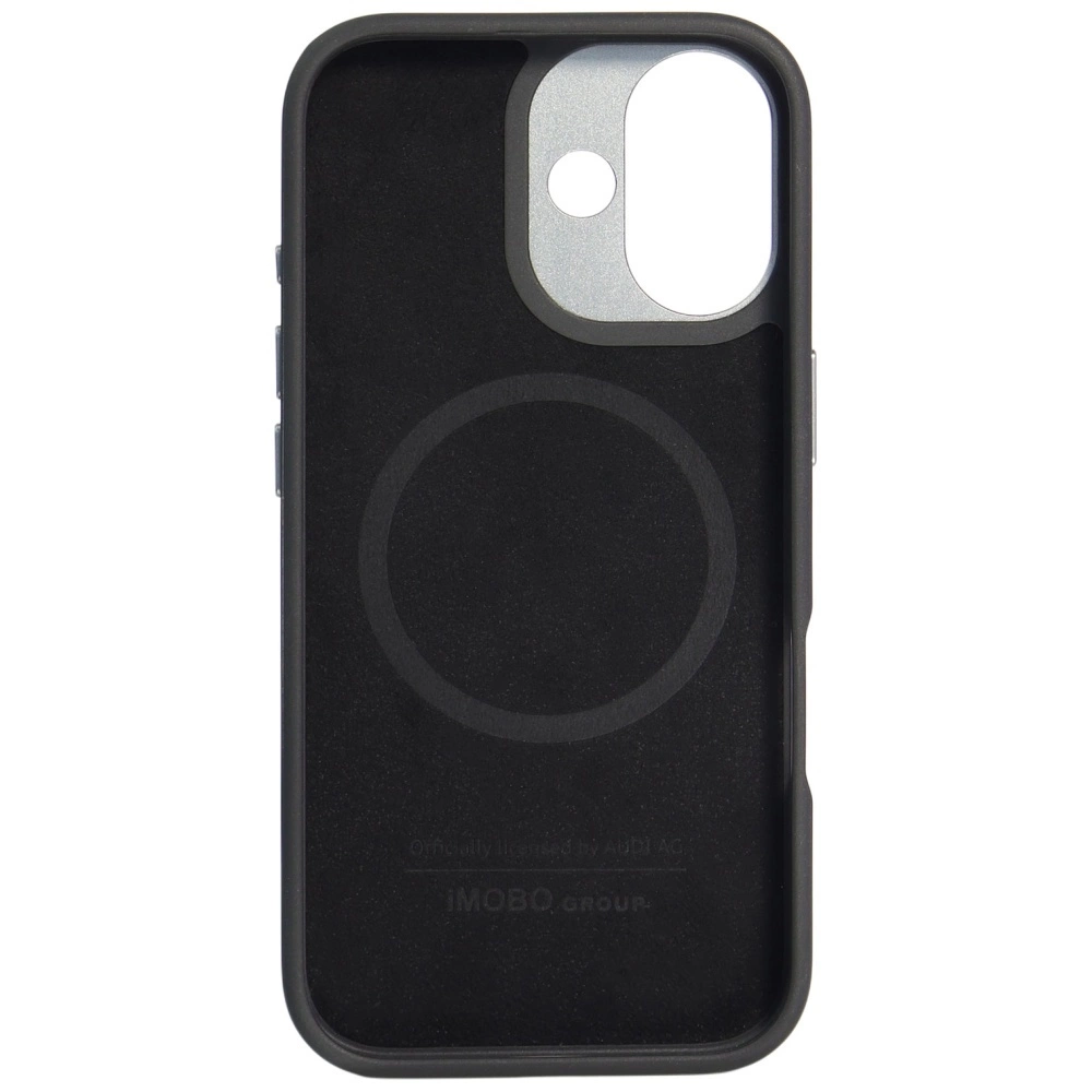 Custodia per telefono nera con anello MagSafe e ritaglio per fotocamera.