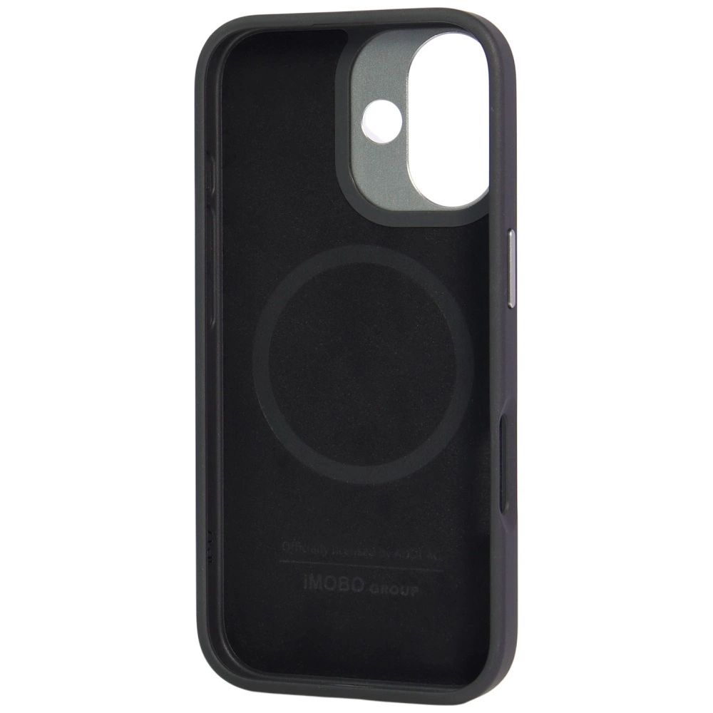 Custodia nera per smartphone con anello magnetico integrato e ritaglio fotocamera su sfondo bianco.