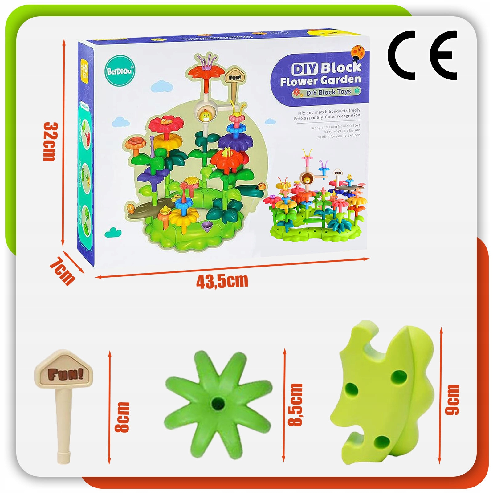 Opakowanie i czesci zabawki ogrod kwiatowy DIY z wymiarami.