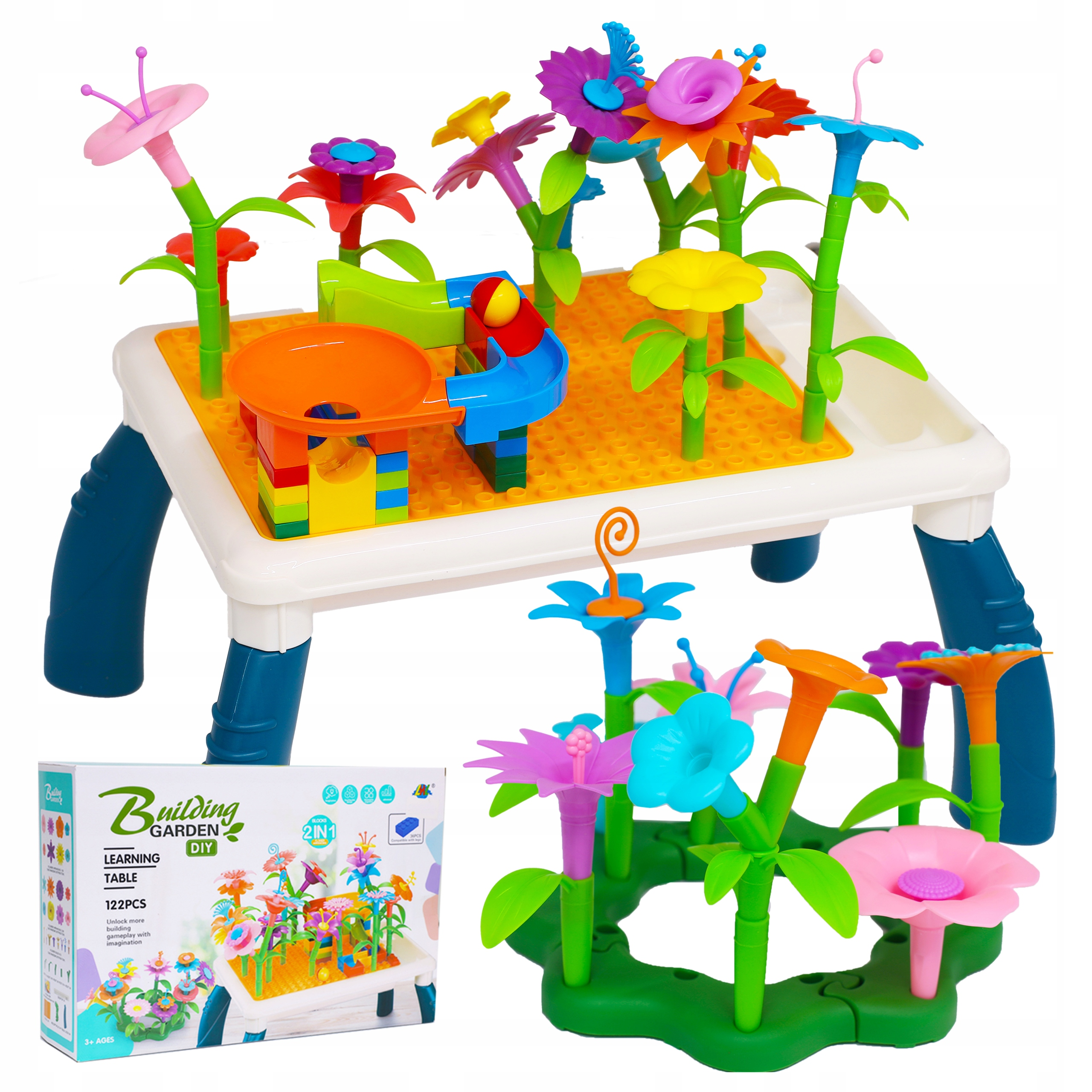Zabawka dla dzieci Building Garden DIY z kolorowymi kwiatami, bieżnią dla kulek i stolikiem edukacyjnym.
