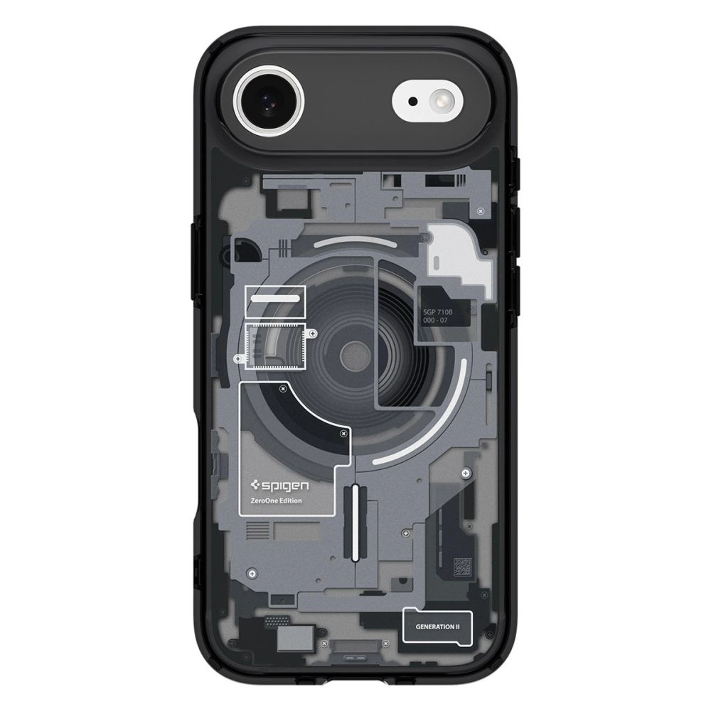 Una cover nera per smartphone mostra un design interno hi-tech con componenti elettronici.