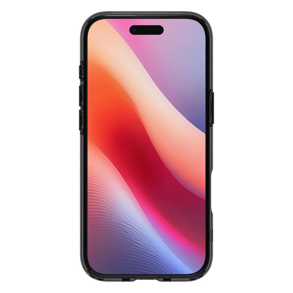 Uno smartphone in una custodia nera mostra uno sfondo astratto e colorato con onde rosa, arancioni e viola.