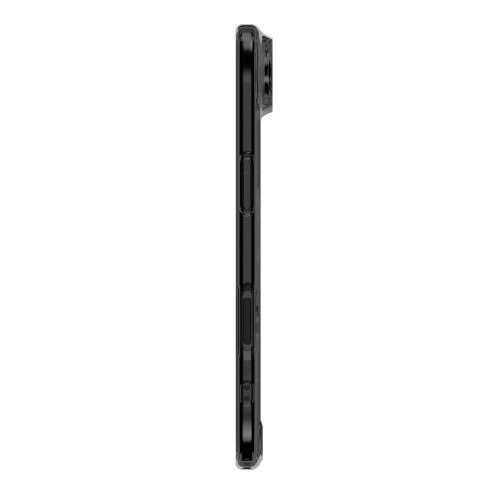 Vista laterale di una custodia per smartphone nera con pulsanti e porte su sfondo bianco.