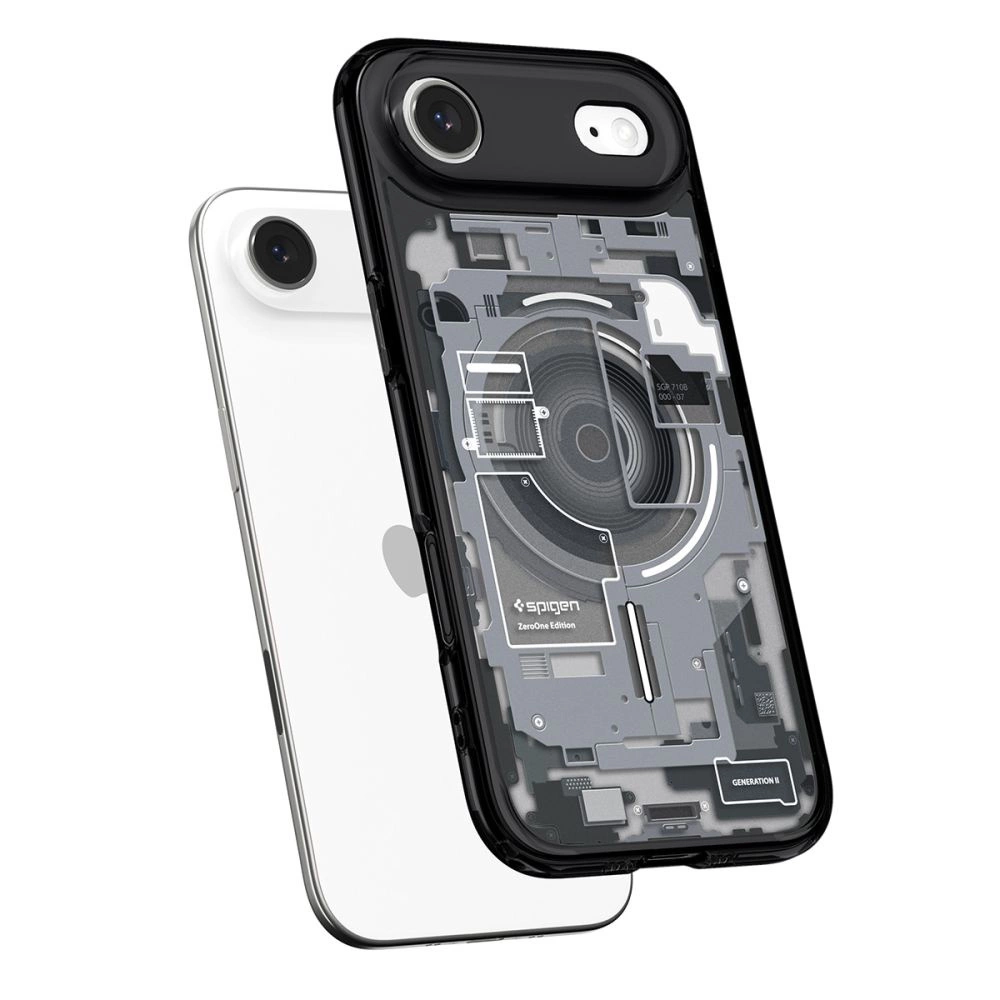 Uno smartphone bianco in una custodia trasparente con design interno.