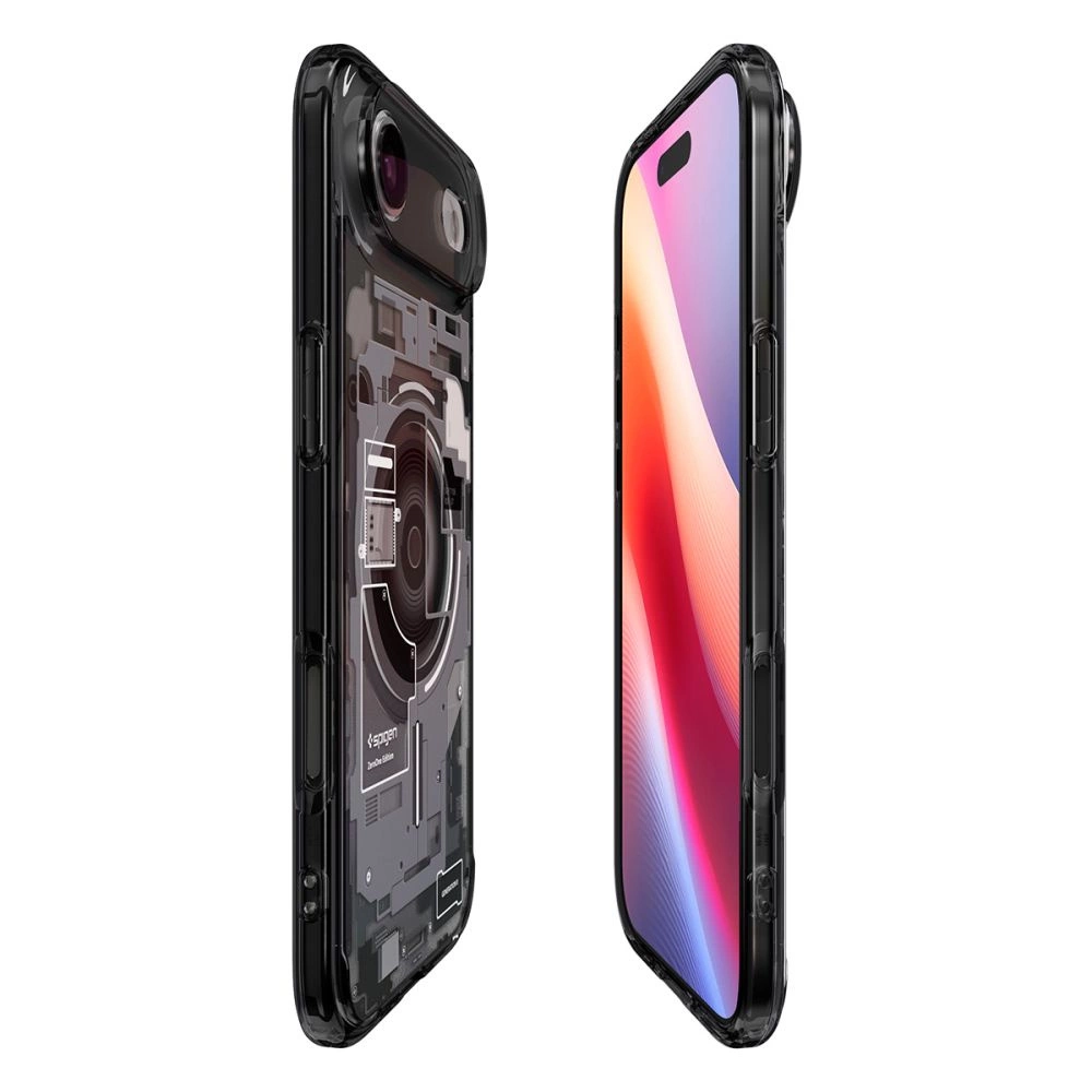 Due viste di uno smartphone in una custodia trasparente che mostra circuiti interni e uno schermo colorato.