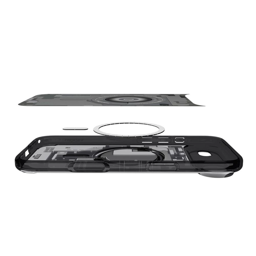 Vista esplosa di una cover trasparente scura con strati interni e un anello magnetico.