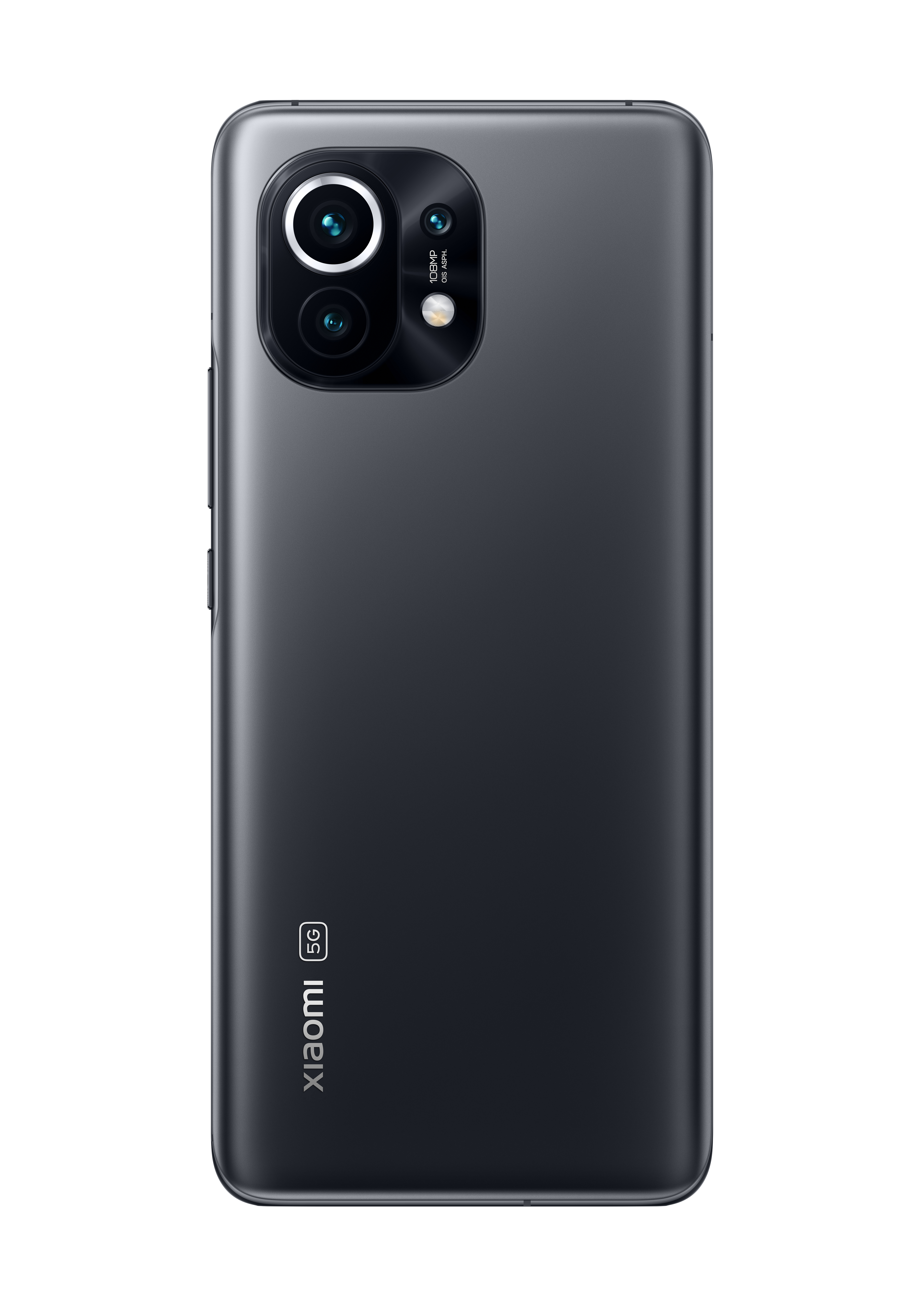 Rückseite eines dunklen Xiaomi 5G Smartphones mit Dreifach-Kamera und Logo.
