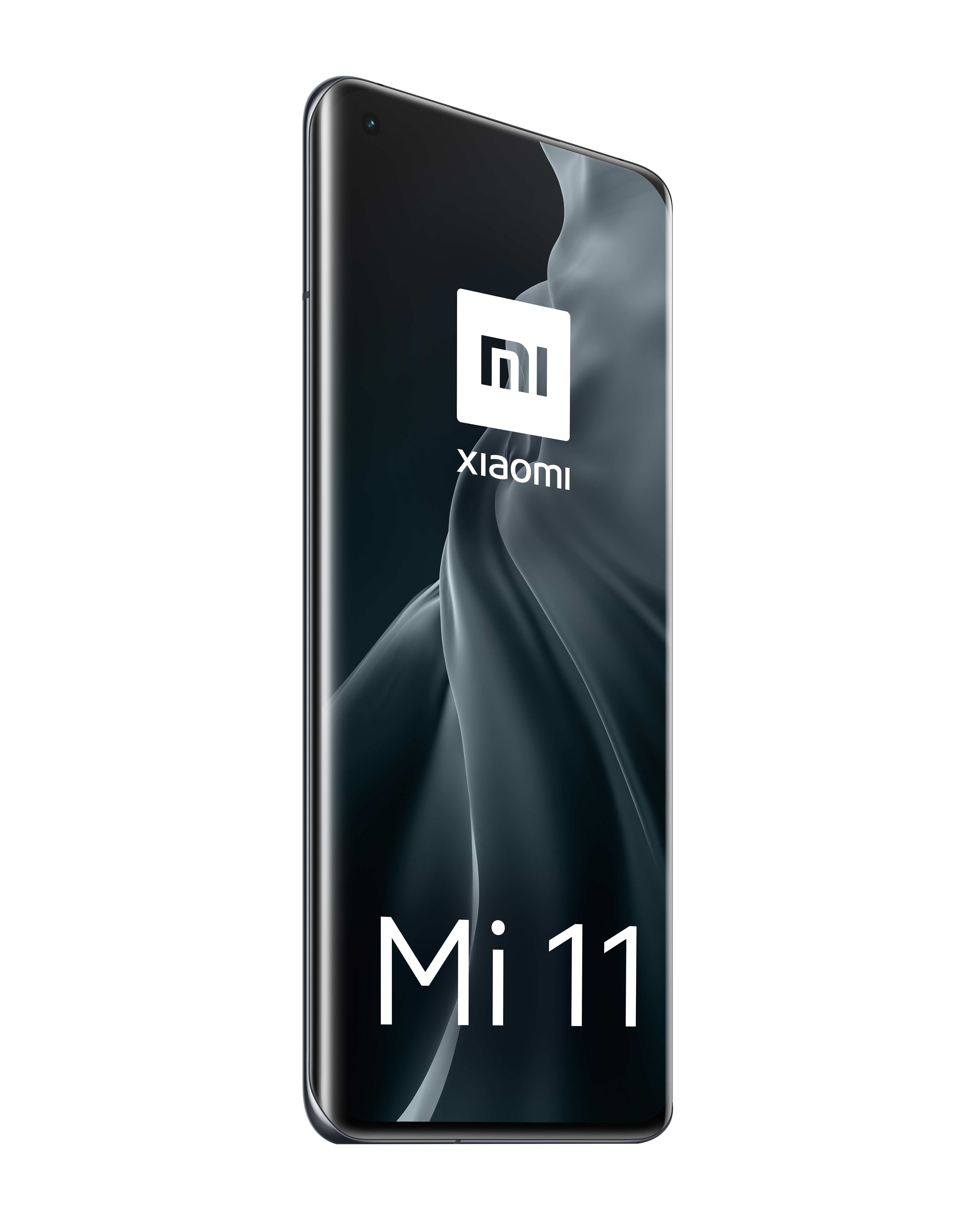 Ein schwarzes Xiaomi Mi 11 Smartphone steht vertikal und zeigt ein abstraktes Hintergrundbild, Logo und Modellnamen.