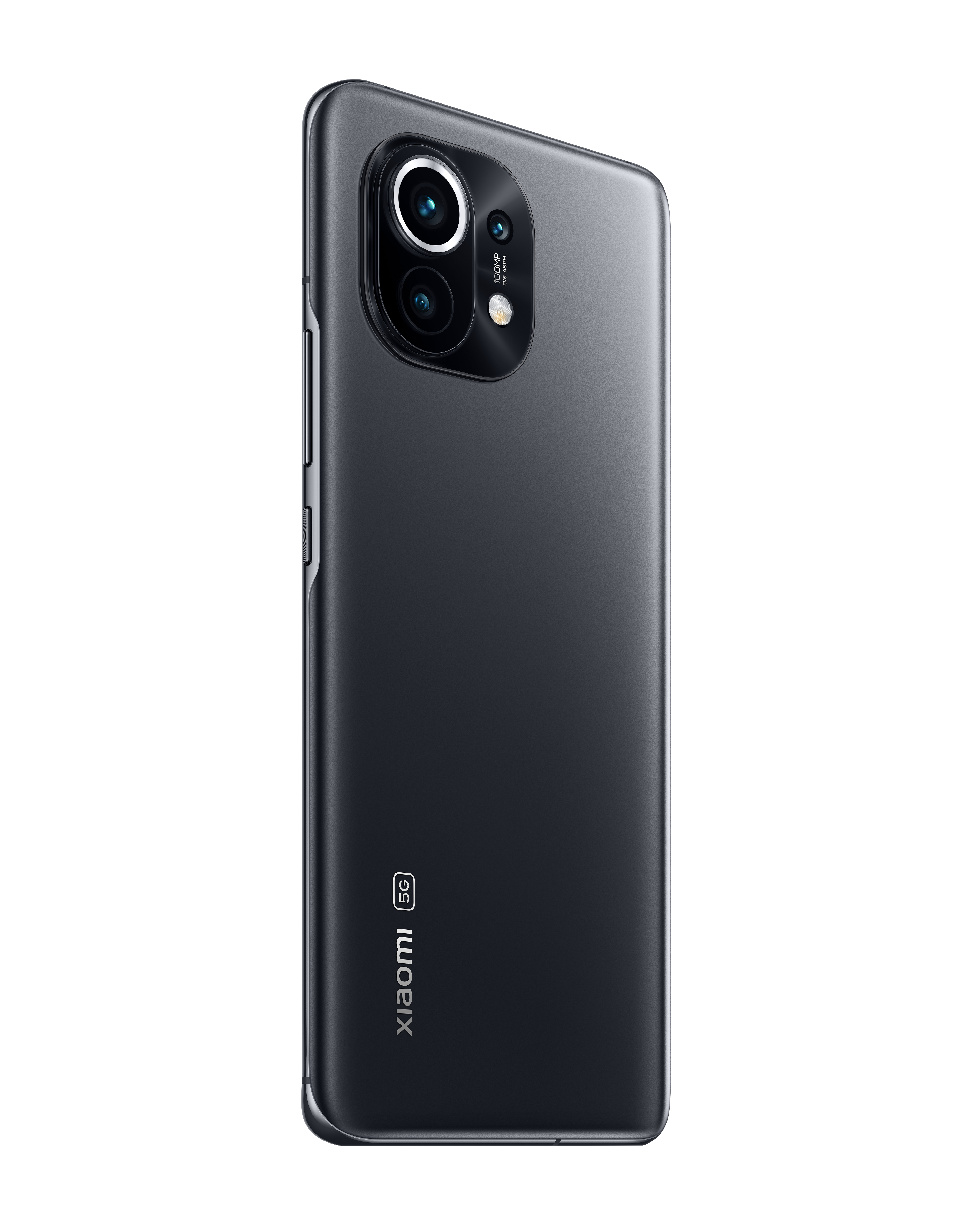 Rückseite eines schwarzen Xiaomi 5G Smartphones mit Dreifachkamera und Logo auf weißem Hintergrund.