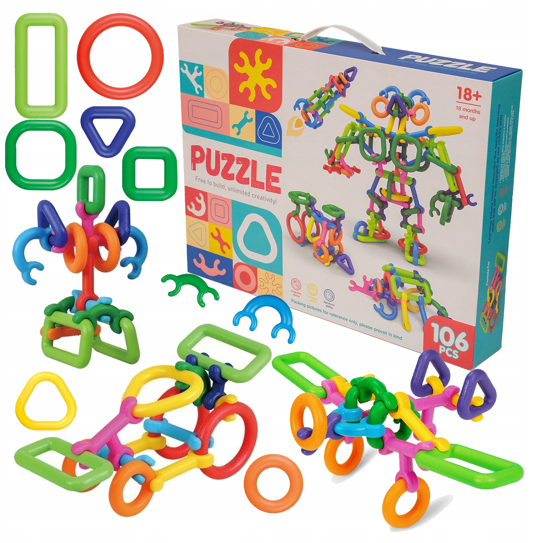 Kolorowe klocki konstrukcyjne dla maluchow oraz pudelko z napisem Puzzle 106 Pcs.