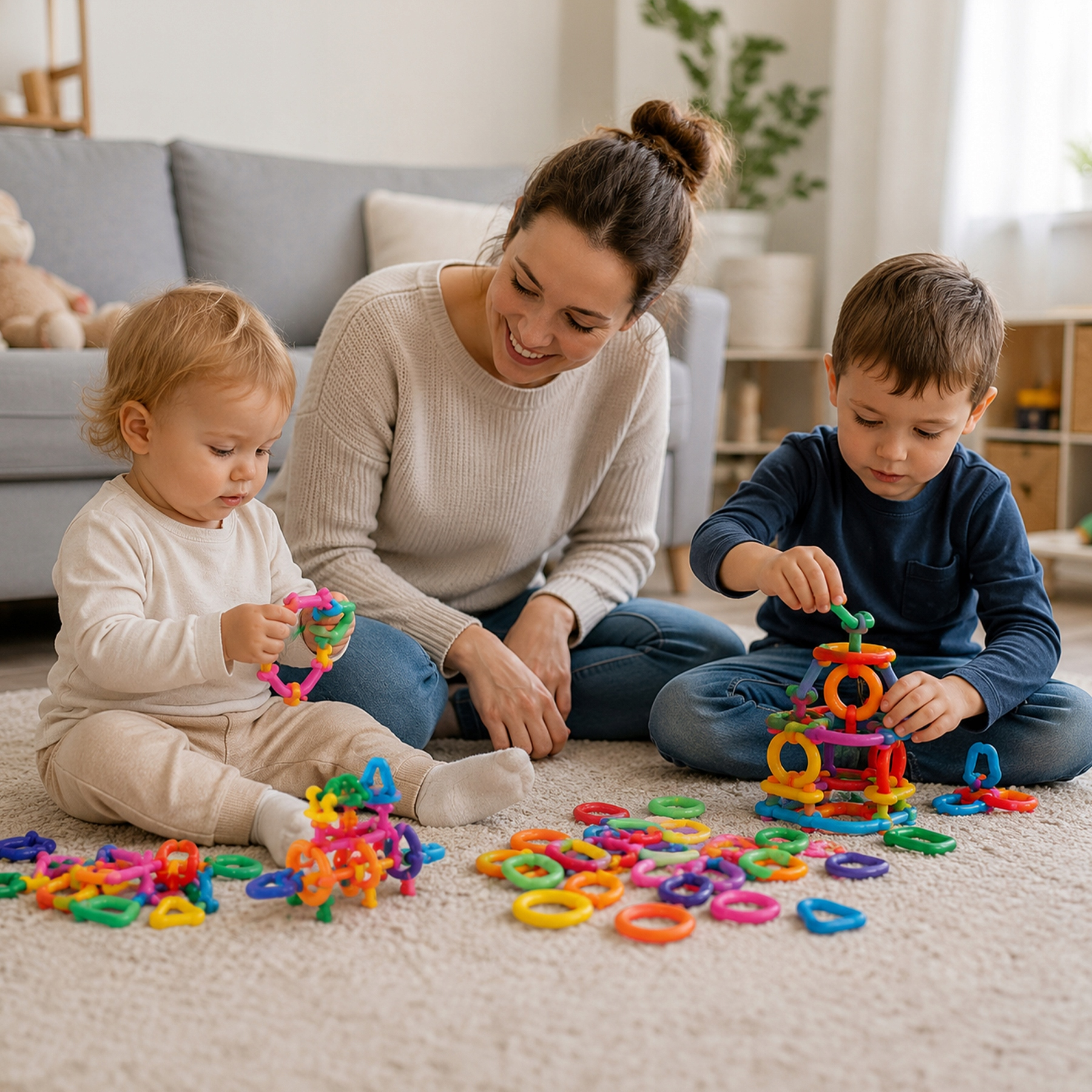 Matka i dwoje dzieci siedzą na dywanie w salonie, bawiąc się kolorowymi plastikowymi zabawkami konstrukcyjnymi.