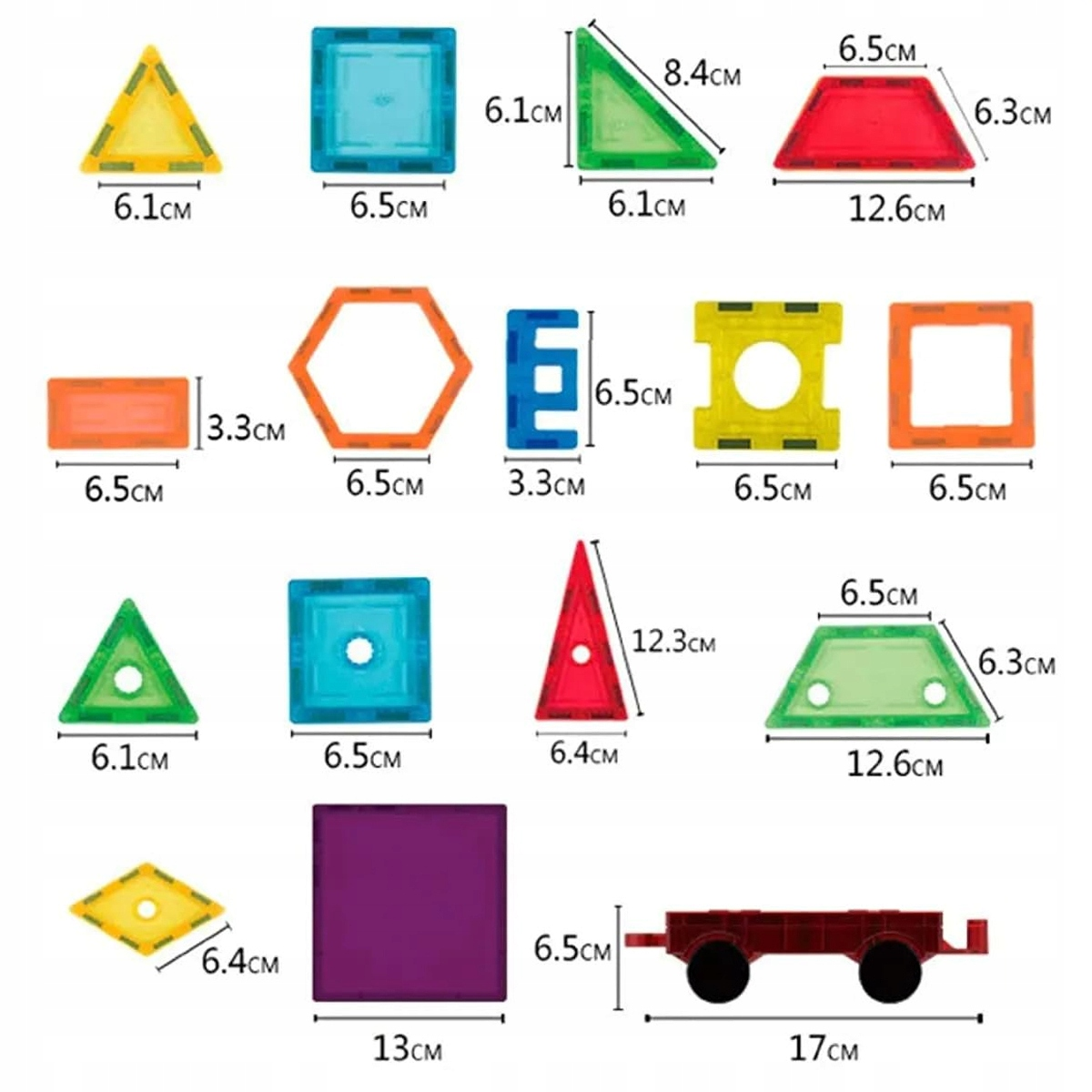 Różne kolorowe magnetyczne klocki konstrukcyjne z wymiarami na białym tle.