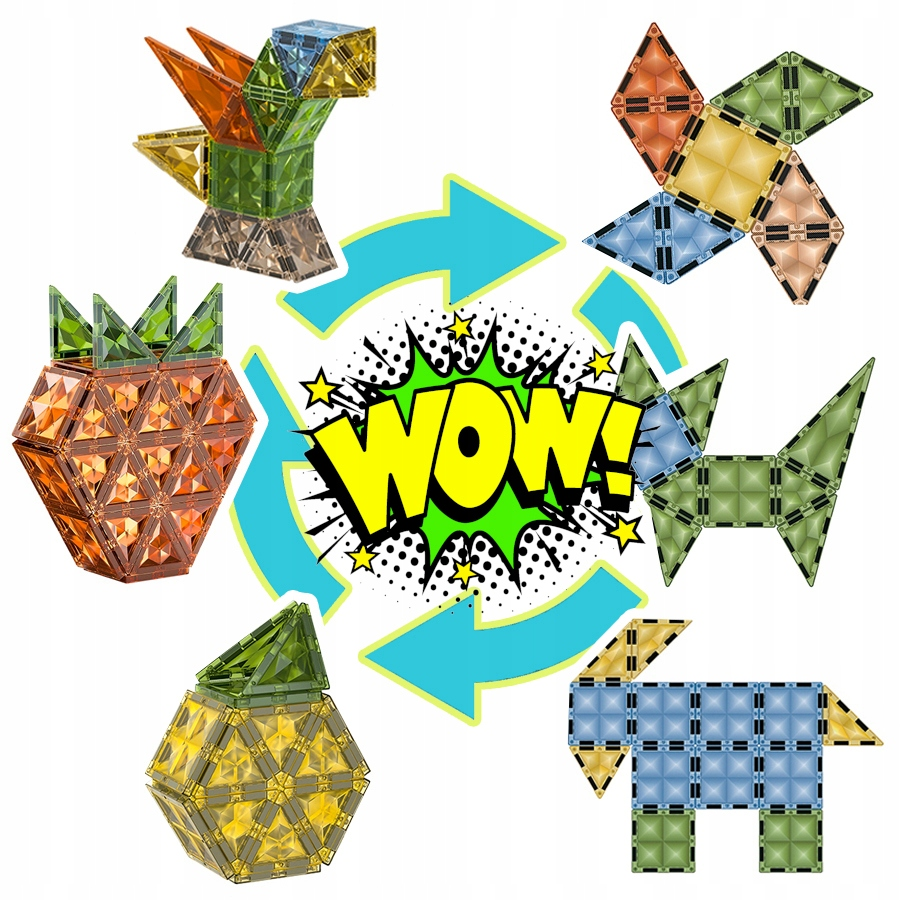Kolorowe geometryczne zabawki magnetyczne otaczają żółty napis Wow.