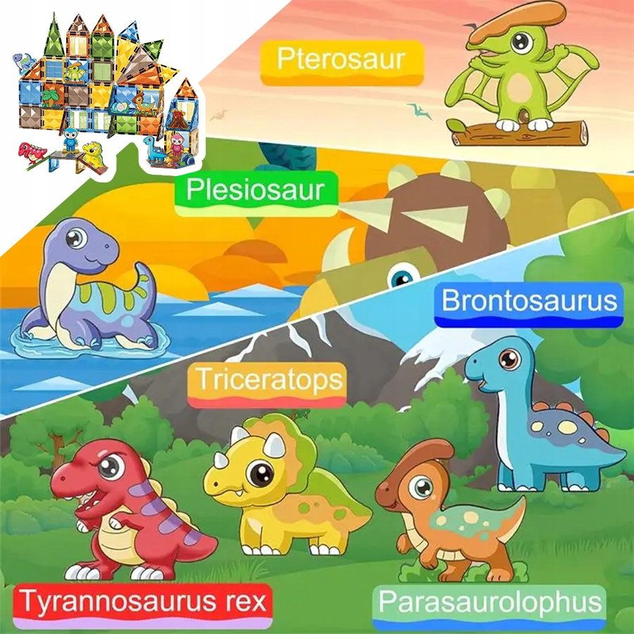 Kolorowa ilustracja przedstawiająca dinozaury z nazwami takimi jak T-Rex i Triceratops.