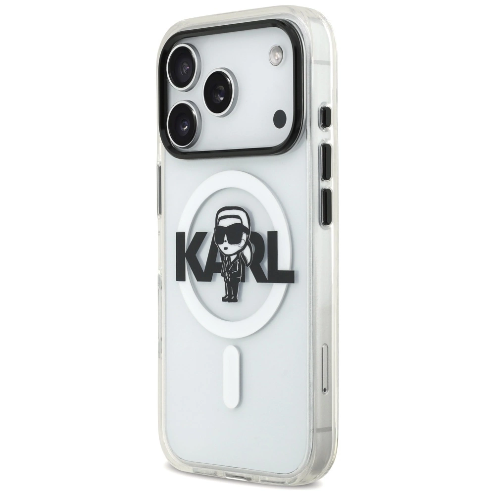Custodia per telefono trasparente con logo nero di Karl Lagerfeld e anello magnetico rotondo.