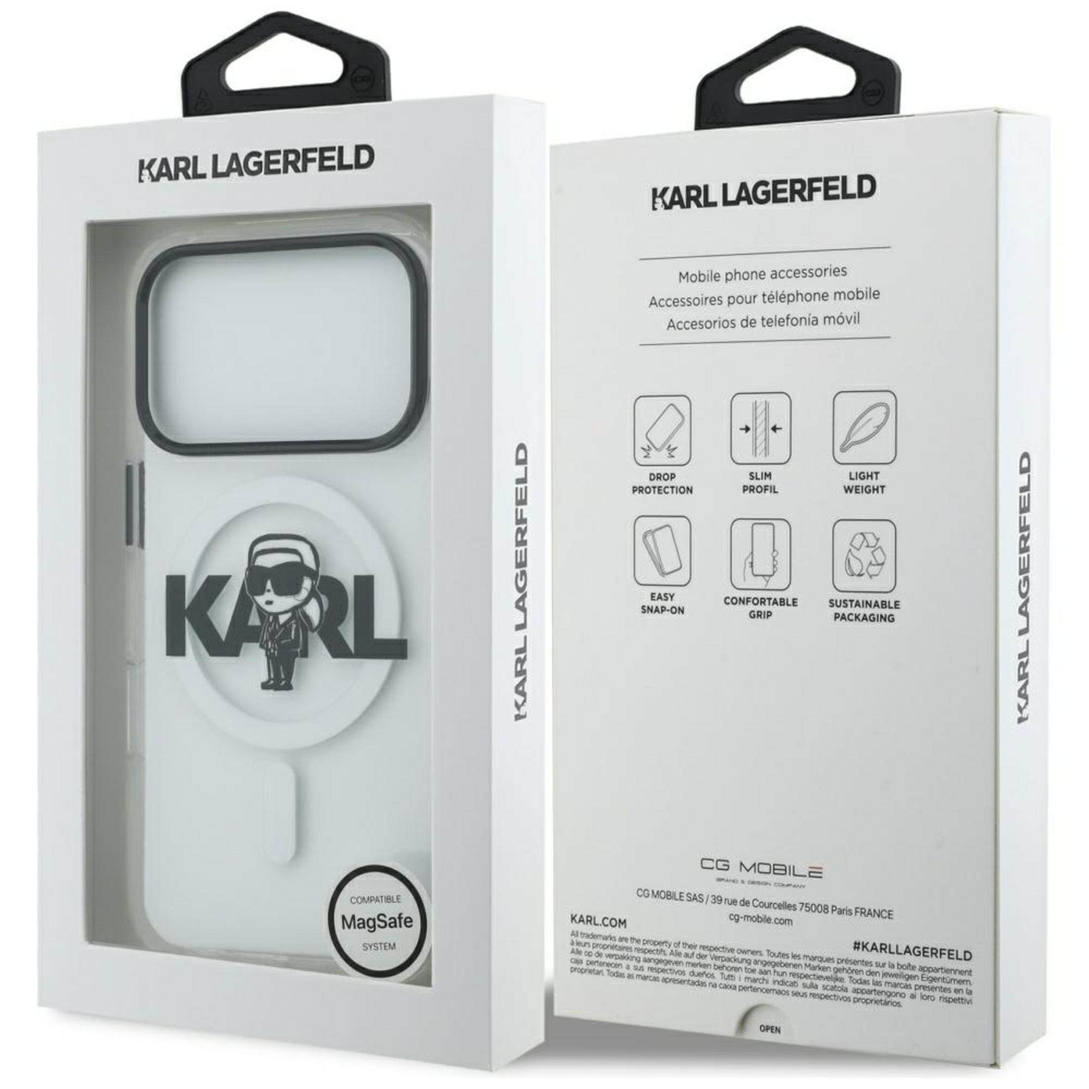 Custodia per telefono bianca Karl Lagerfeld in confezione con compatibilità MagSafe e icone.