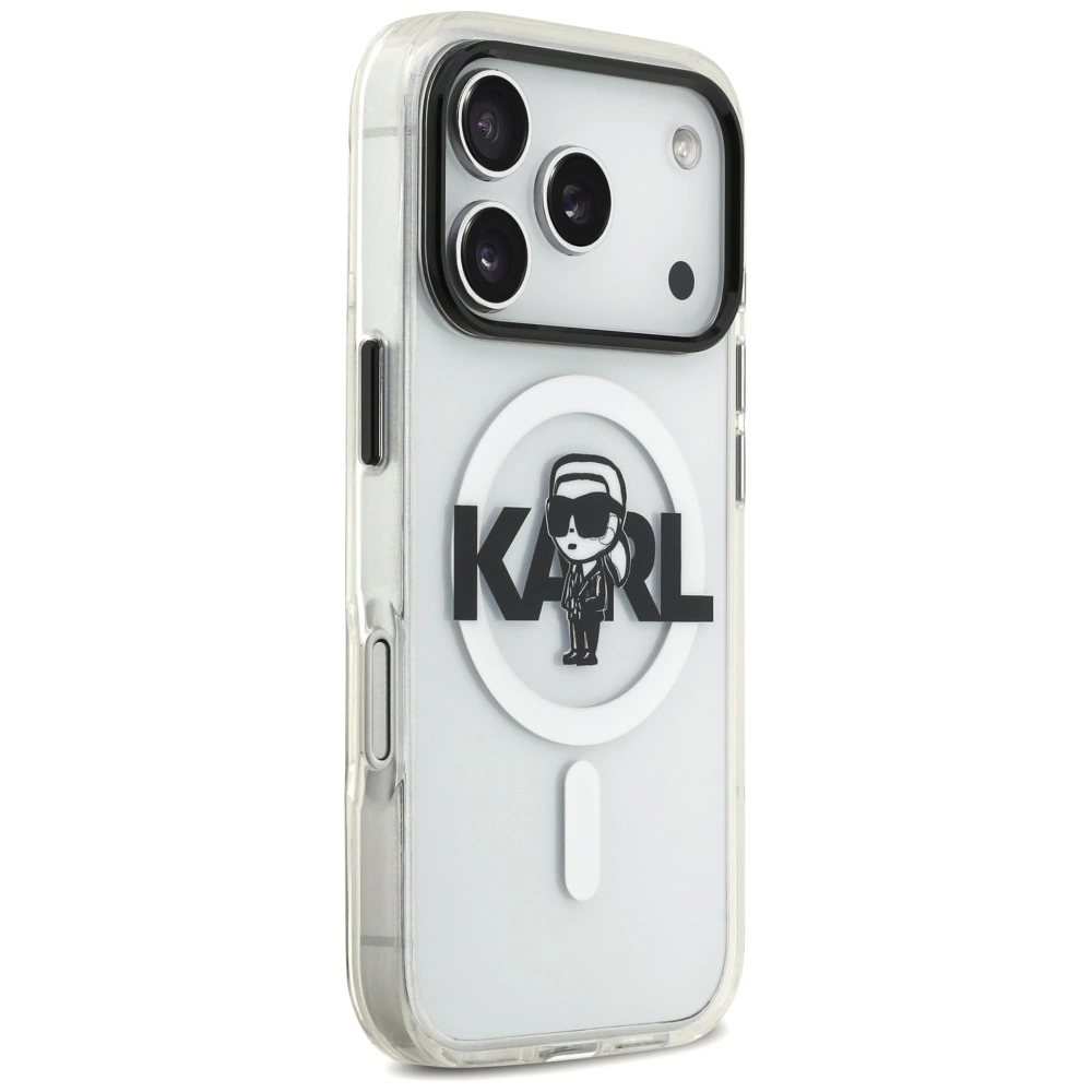 Cover per telefono trasparente con logo nero di Karl Lagerfeld e anello MagSafe su sfondo bianco.