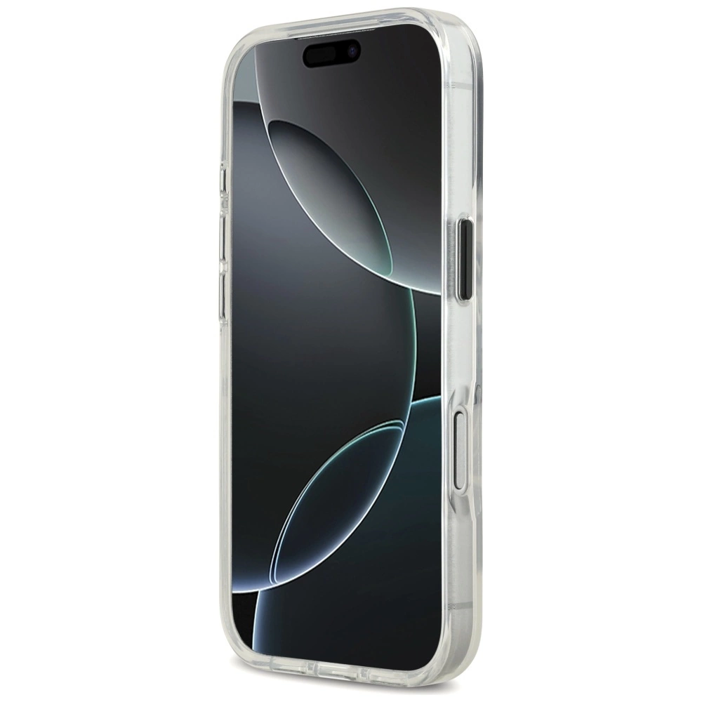 Uno smartphone in una custodia protettiva trasparente mostra uno sfondo astratto scuro su sfondo bianco.