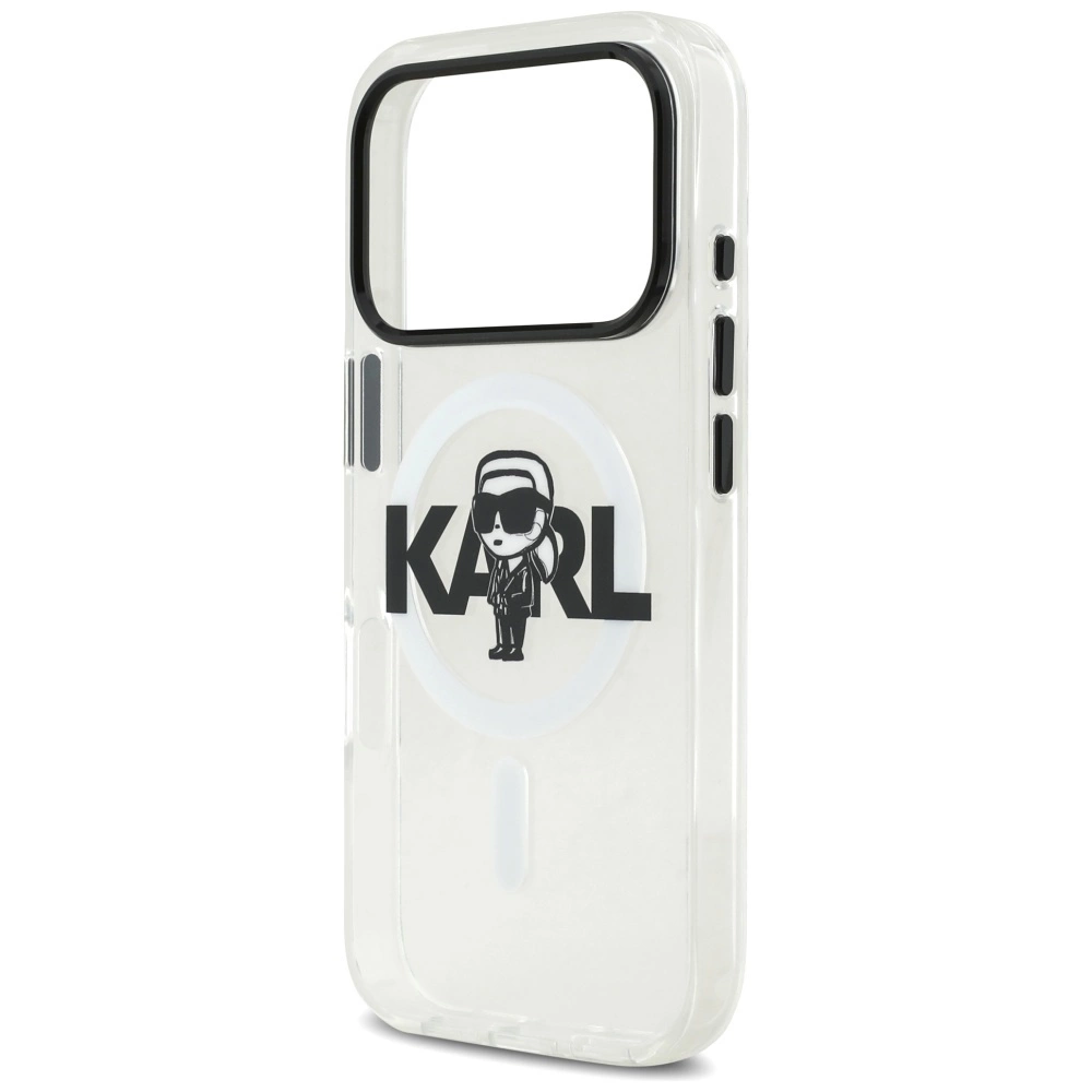 Custodia trasparente per telefono con logo grafico nero di Karl Lagerfeld e anello MagSafe bianco.