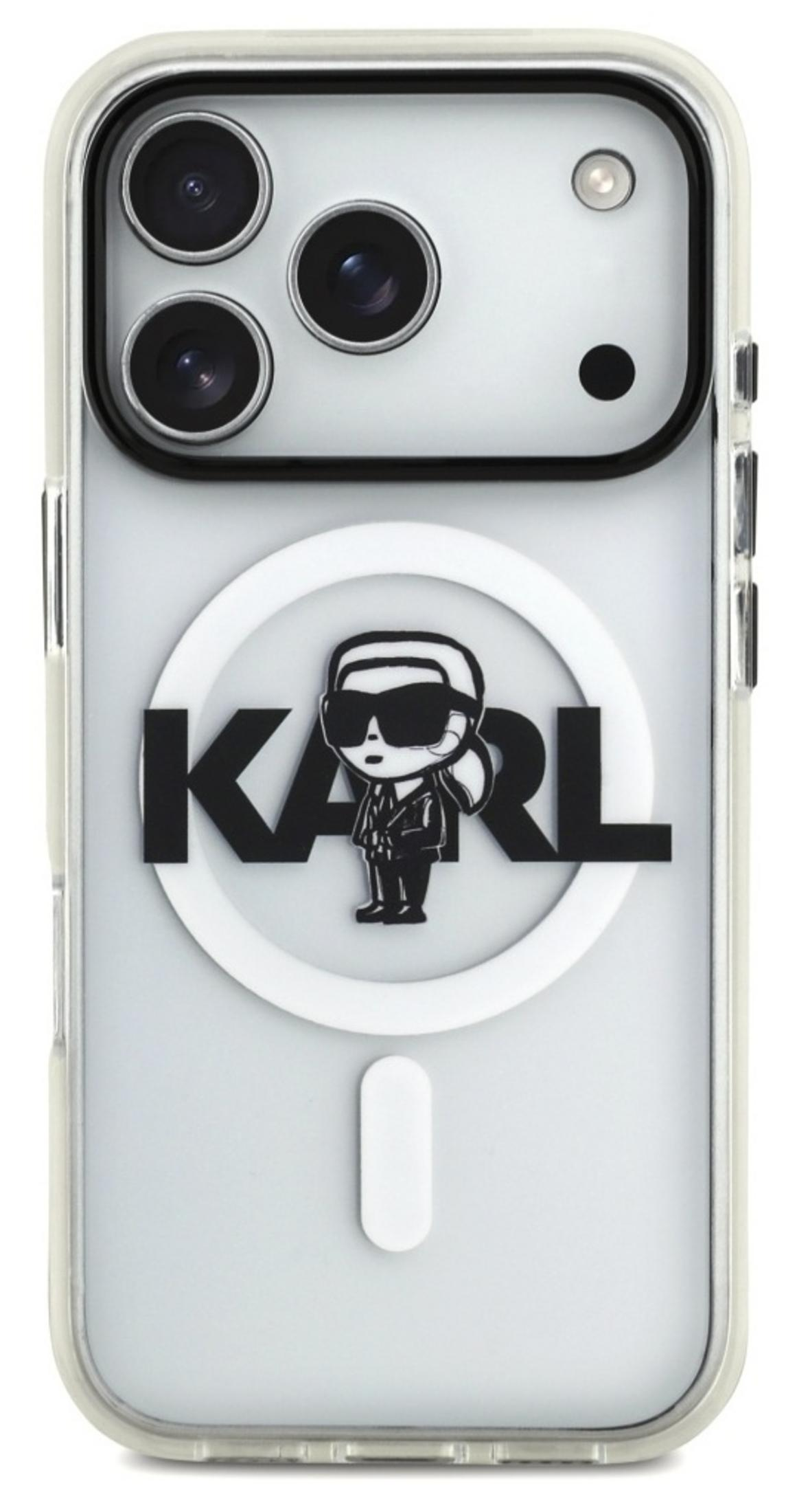 Una custodia trasparente per iPhone presenta il logo KARL e una figura stilizzata al centro.