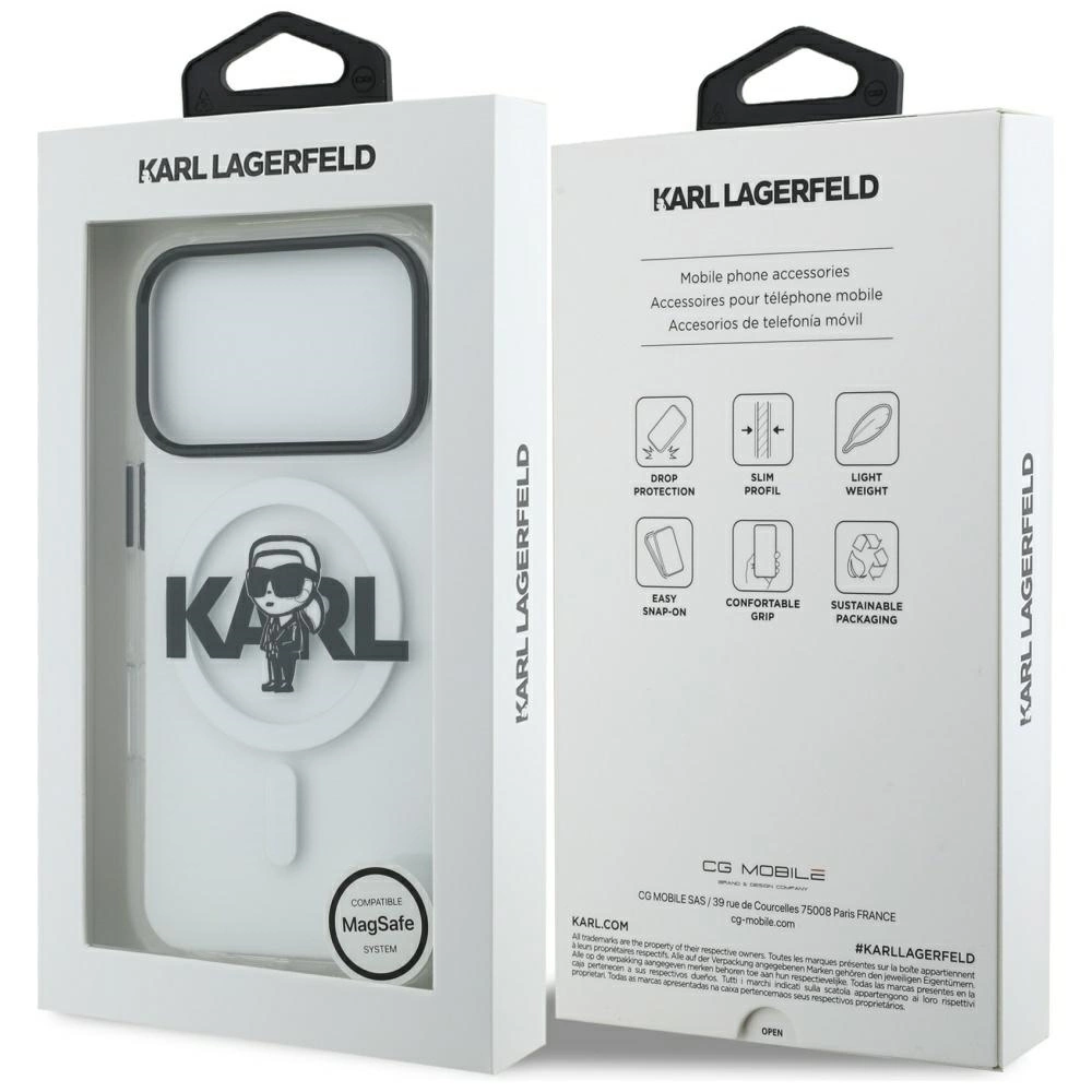Confezione bianca per una custodia per cellulare Karl Lagerfeld MagSafe, fronte e retro visibili.