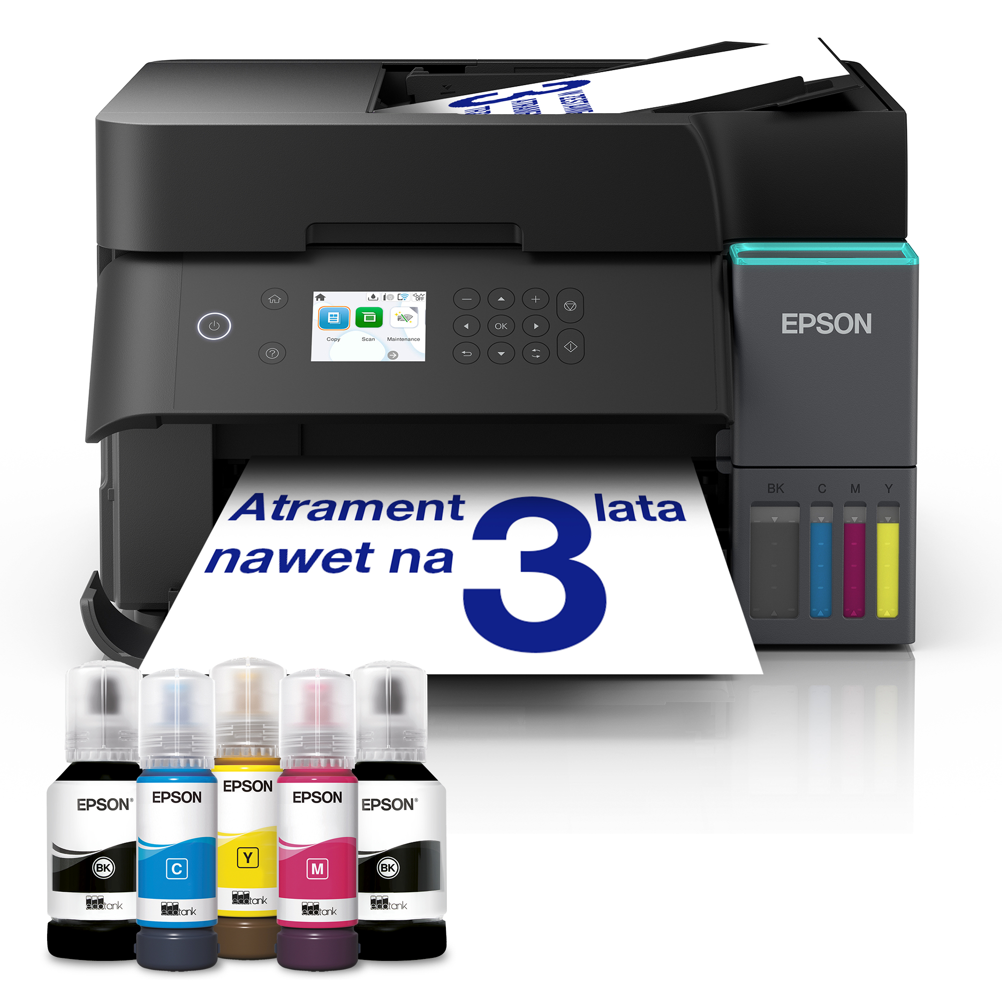 Drukarka Epson EcoTank ze zbiornikami i pięcioma butelkami z tuszem.