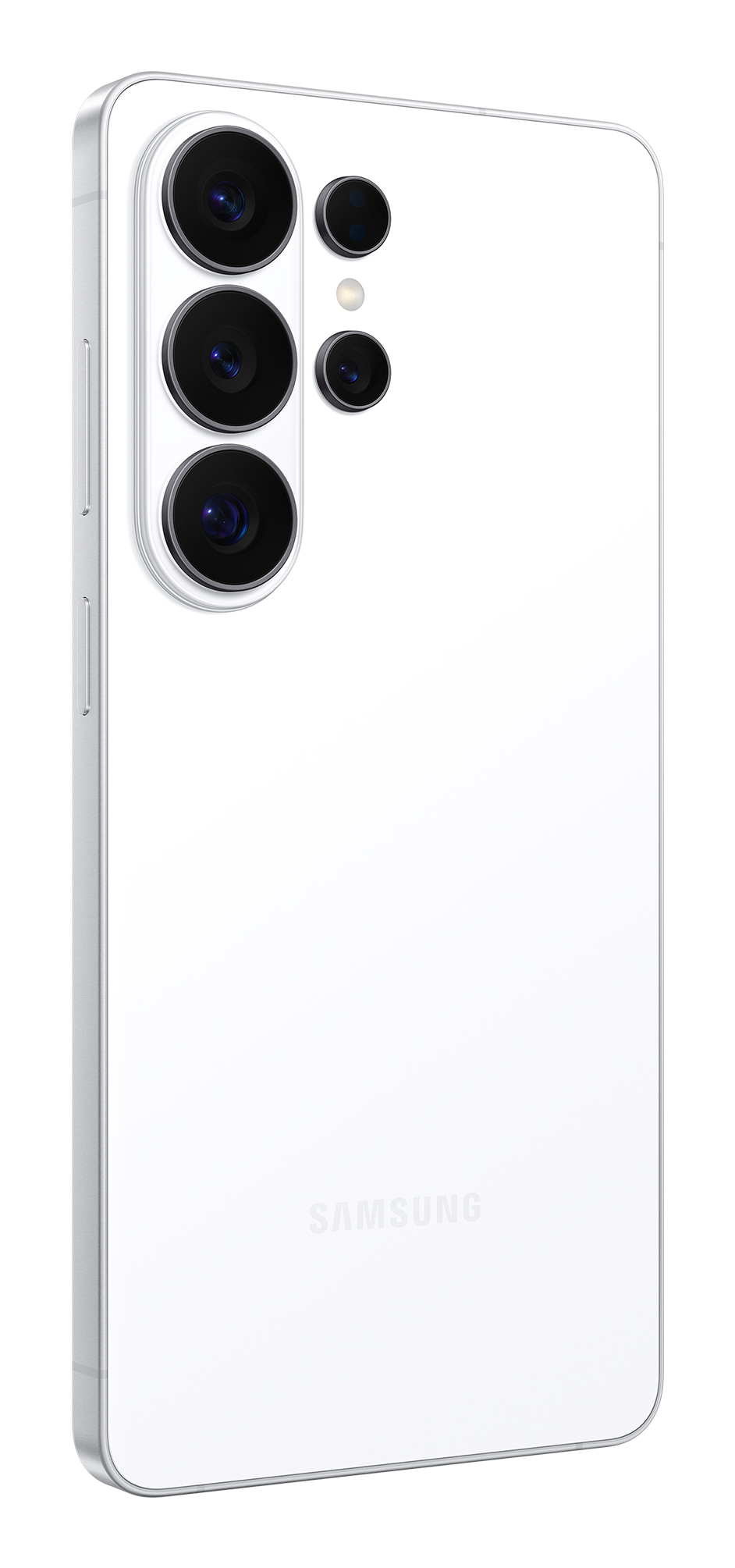 Il retro di uno smartphone Samsung bianco con più fotocamere verticali sul lato sinistro e il logo.