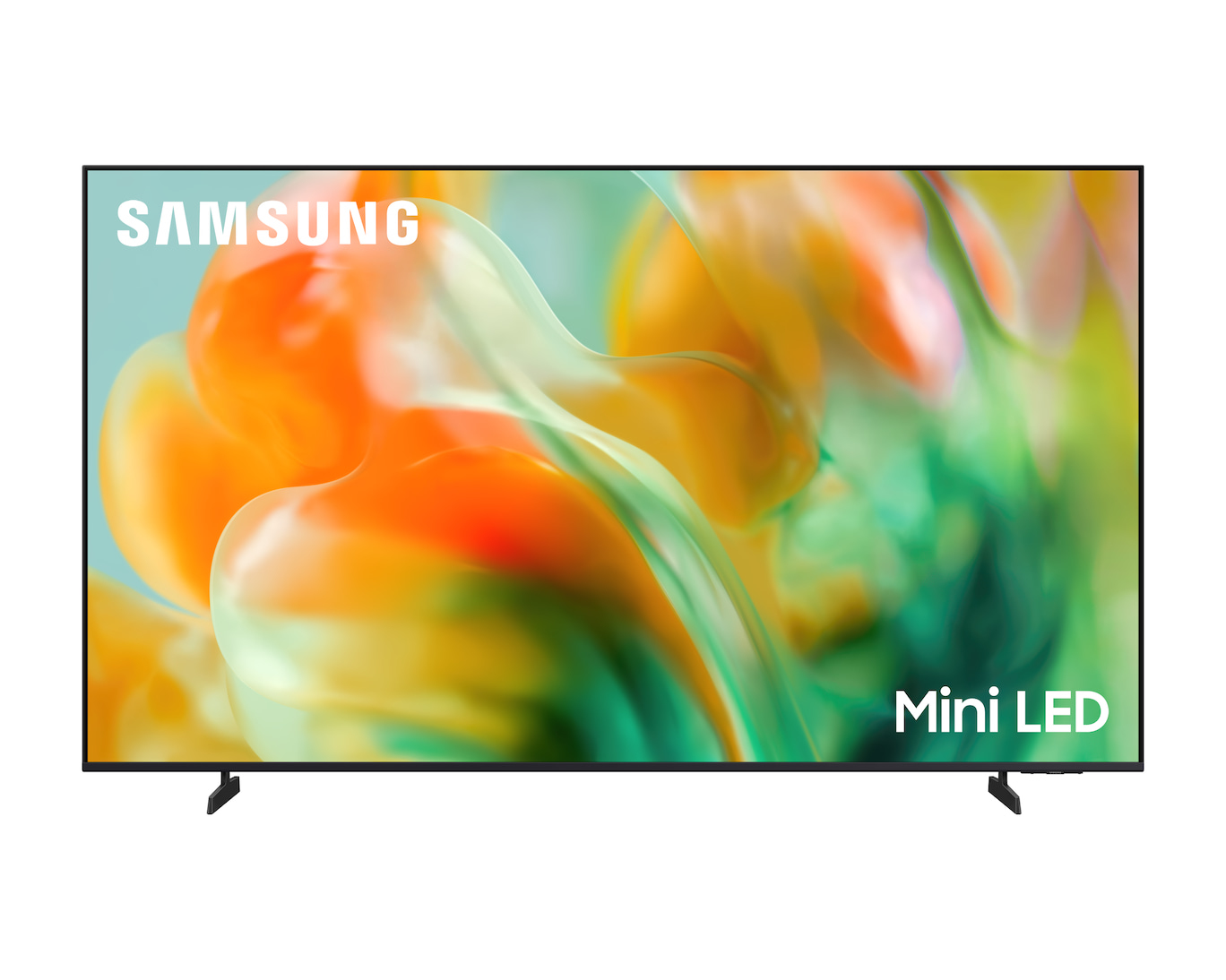 Televisore Samsung Mini LED che mostra un'immagine astratta colorata in arancione e verde.