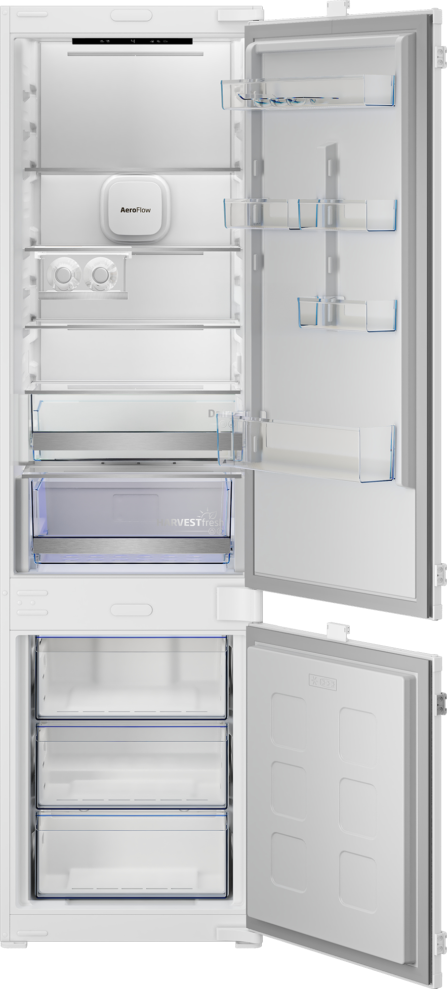 Frigorifero da incasso bianco aperto con ripiani in vetro, balconcini, cassetto HarvestFresh e cassetti freezer.