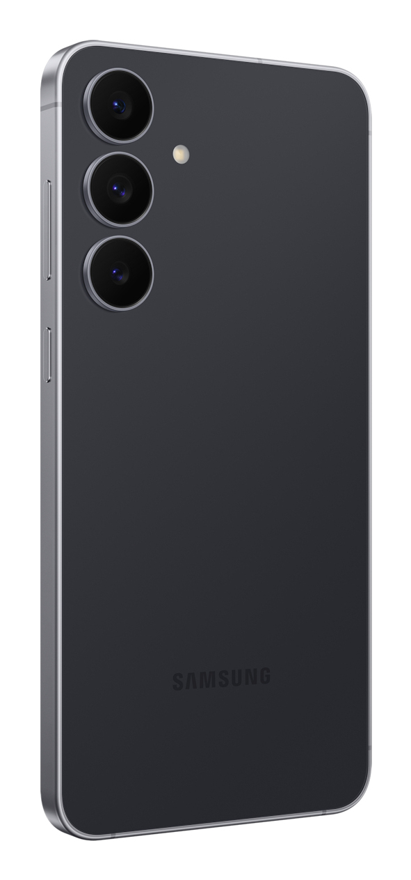 Retro di uno smartphone Samsung grigio con tre obiettivi fotografici verticali e il logo in basso.