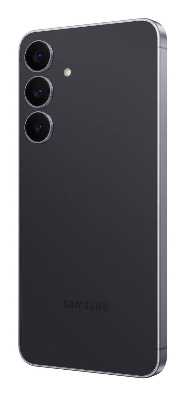 Retro di uno smartphone scuro con tre fotocamere verticali e il logo Samsung.