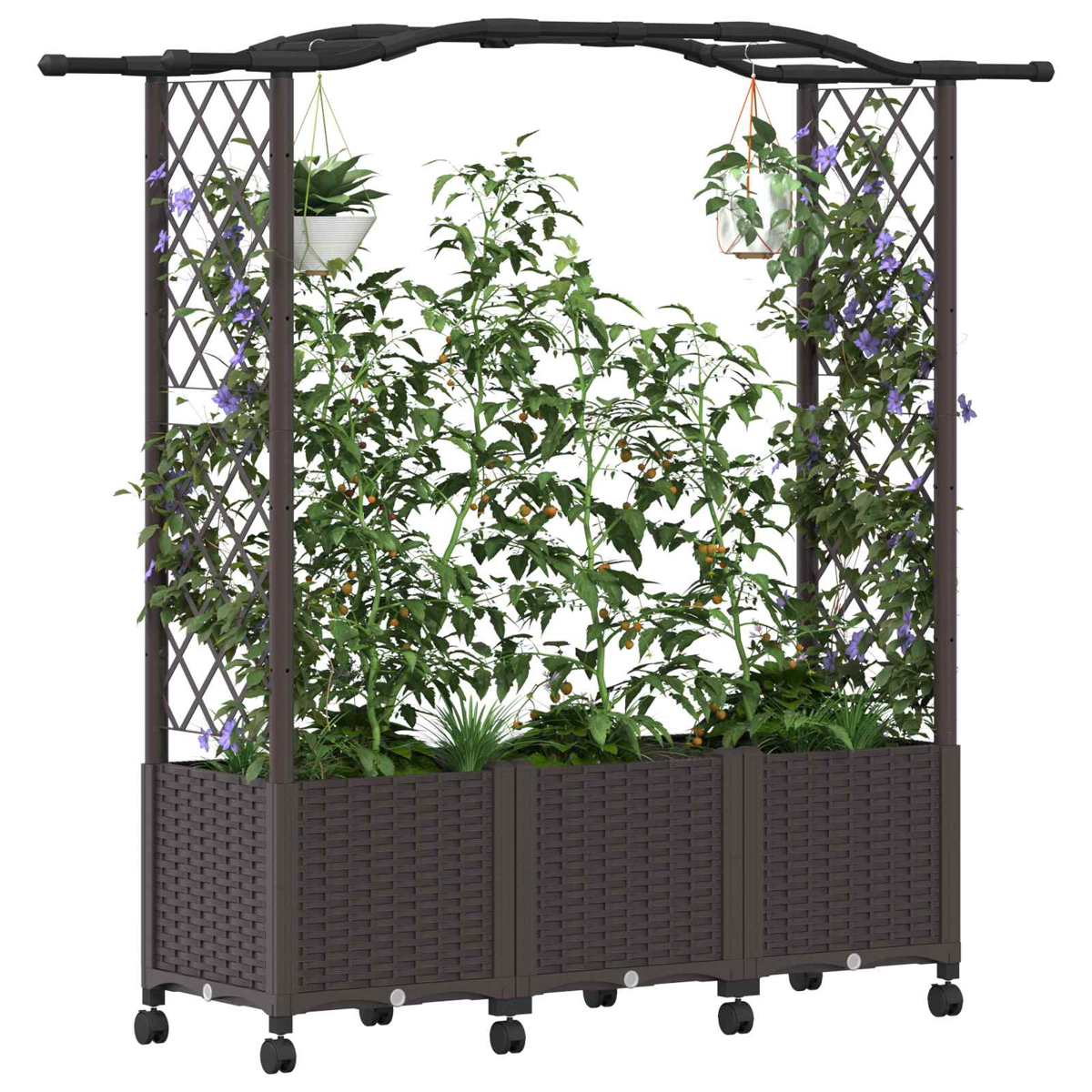 Brauner Gartenbogen mit Pflanzkasten auf Rollen, bewachsen mit grünen Pflanzen und violetten Blüten.