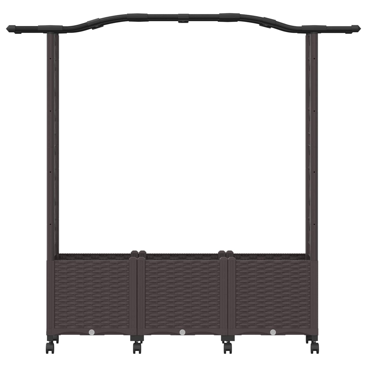 Braunes Rattan-Hochbeet mit Rollen, integriertem Spalier und oberer Stange vor weißem Hintergrund.