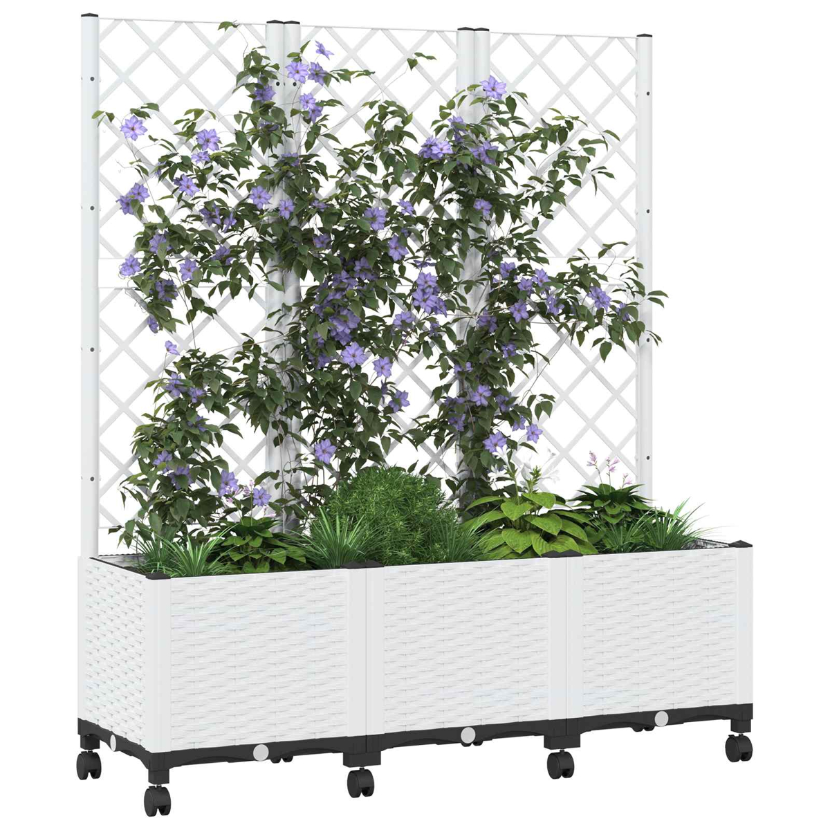 Ein weißer Pflanzkübel mit Rollen und einem Gitter, bewachsen mit grünen Pflanzen und violetten Blüten.