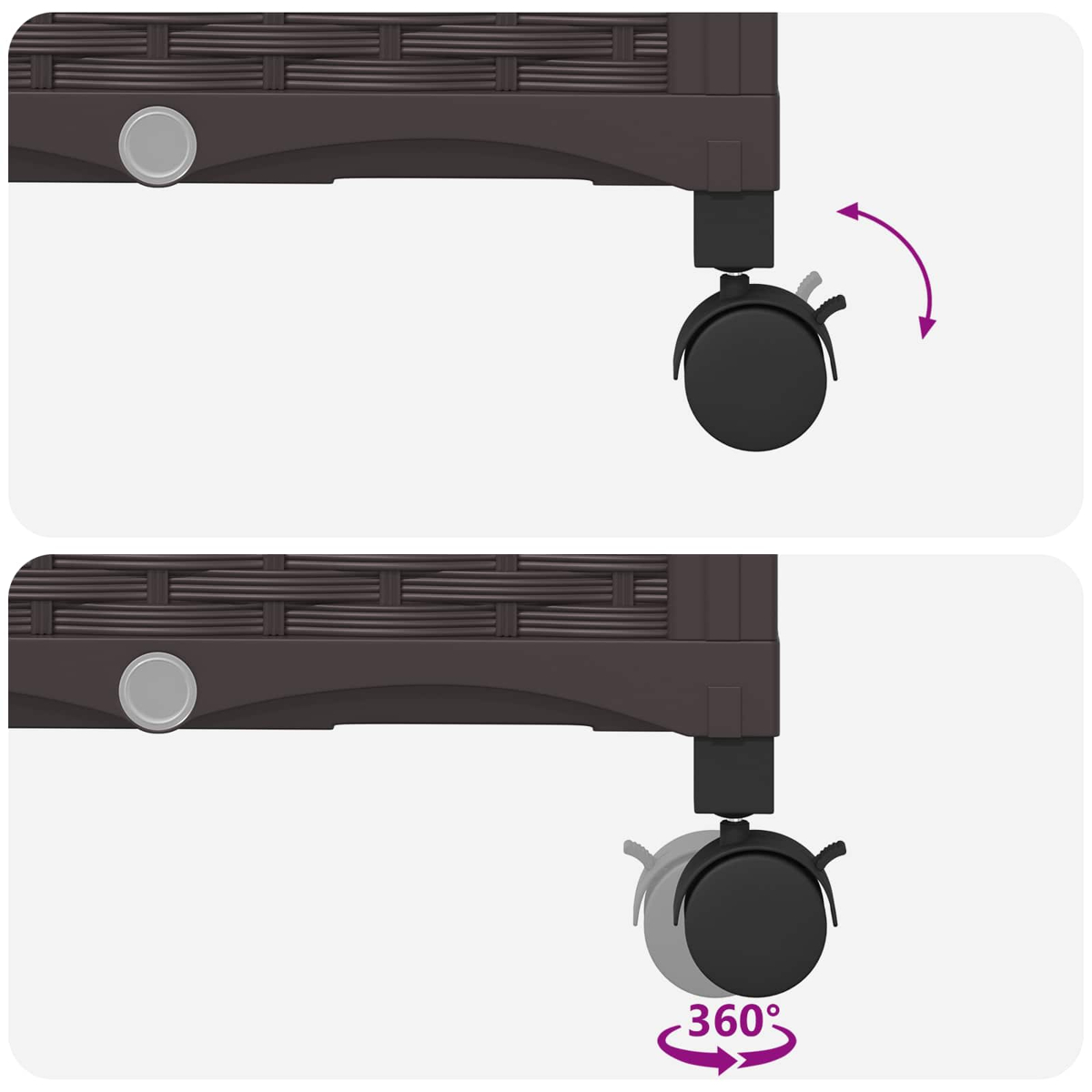 Zwei Abbildungen zeigen die drehbare Rolle eines braunen Möbelstücks mit 360-Grad-Rotation.