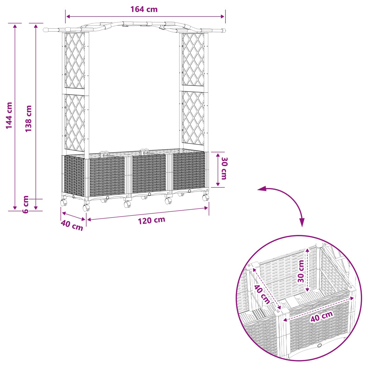 Diagramm eines Gartenplanters auf Rädern mit Rankgitter und Maßangaben.