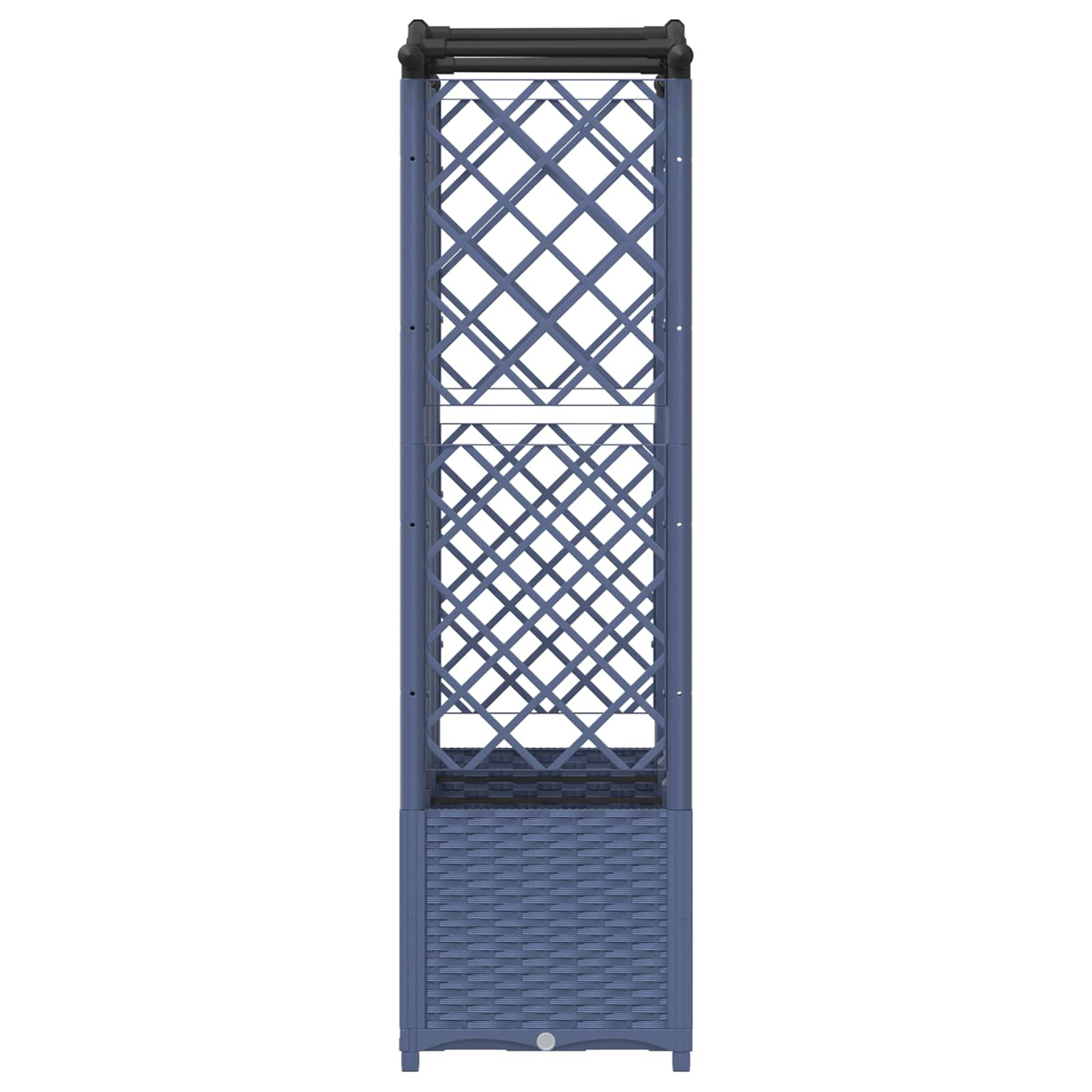 Ein blaues Spalier mit gitterartigem Design und einem geflochtenen Kasten unten auf weißem Hintergrund.