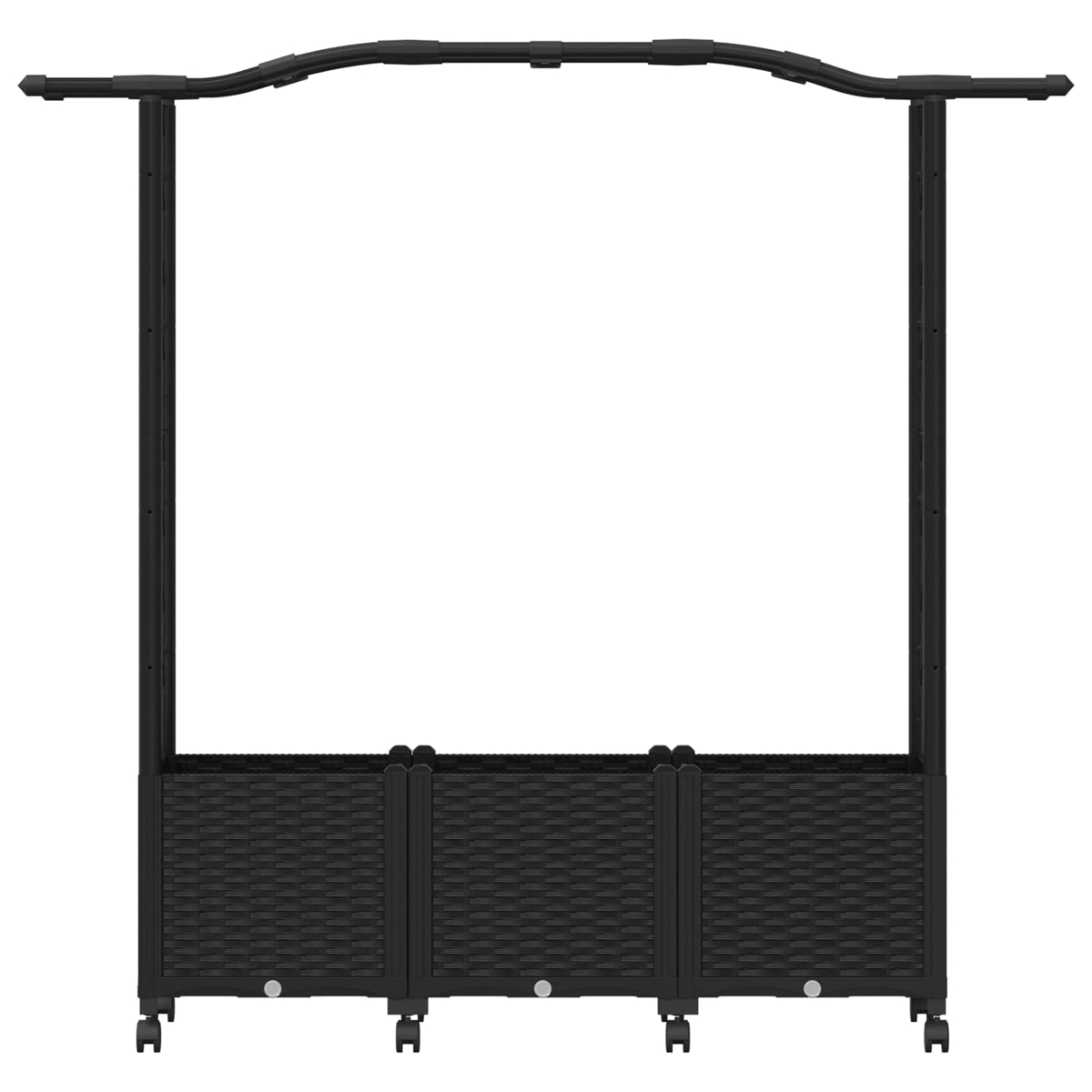 Schwarze Gartenlaube aus Rattan mit integrierten Pflanzkübeln auf Rädern vor weißem Hintergrund.